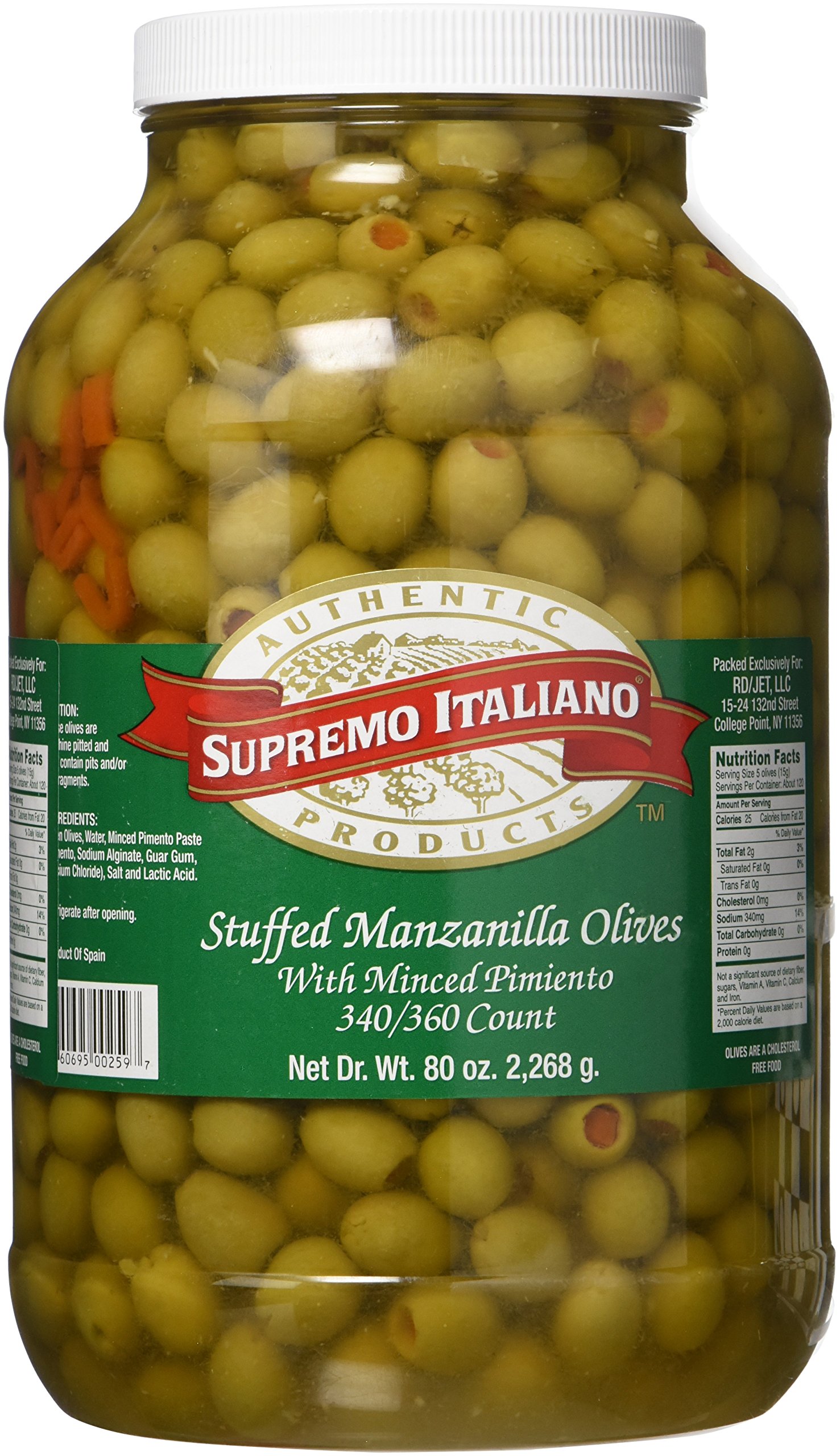 Supremo Italiano Stuffed Manzanilla Olives - 80oz (5lbs) Large Jar | Gourmet Spanish Olives Stuffed with Pimientos | Perfect for Charcuterie Boards, Martini Garnish & Mediterranean Cooking