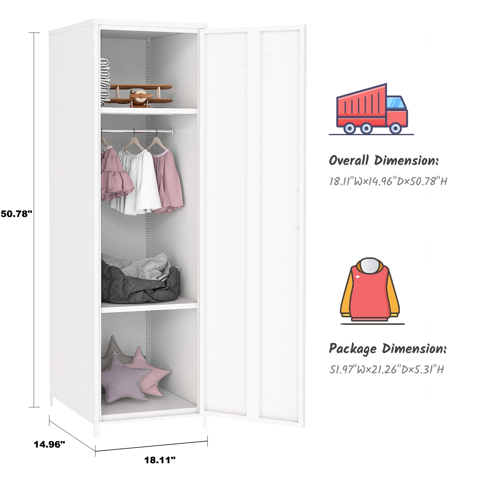 Steel Locker Cabinet with Hanging Rod & Shelves - White Metal Storage Locker for Bedroom, School & Classroom - Perfect for Organizing Toys, Clothes & Accessories