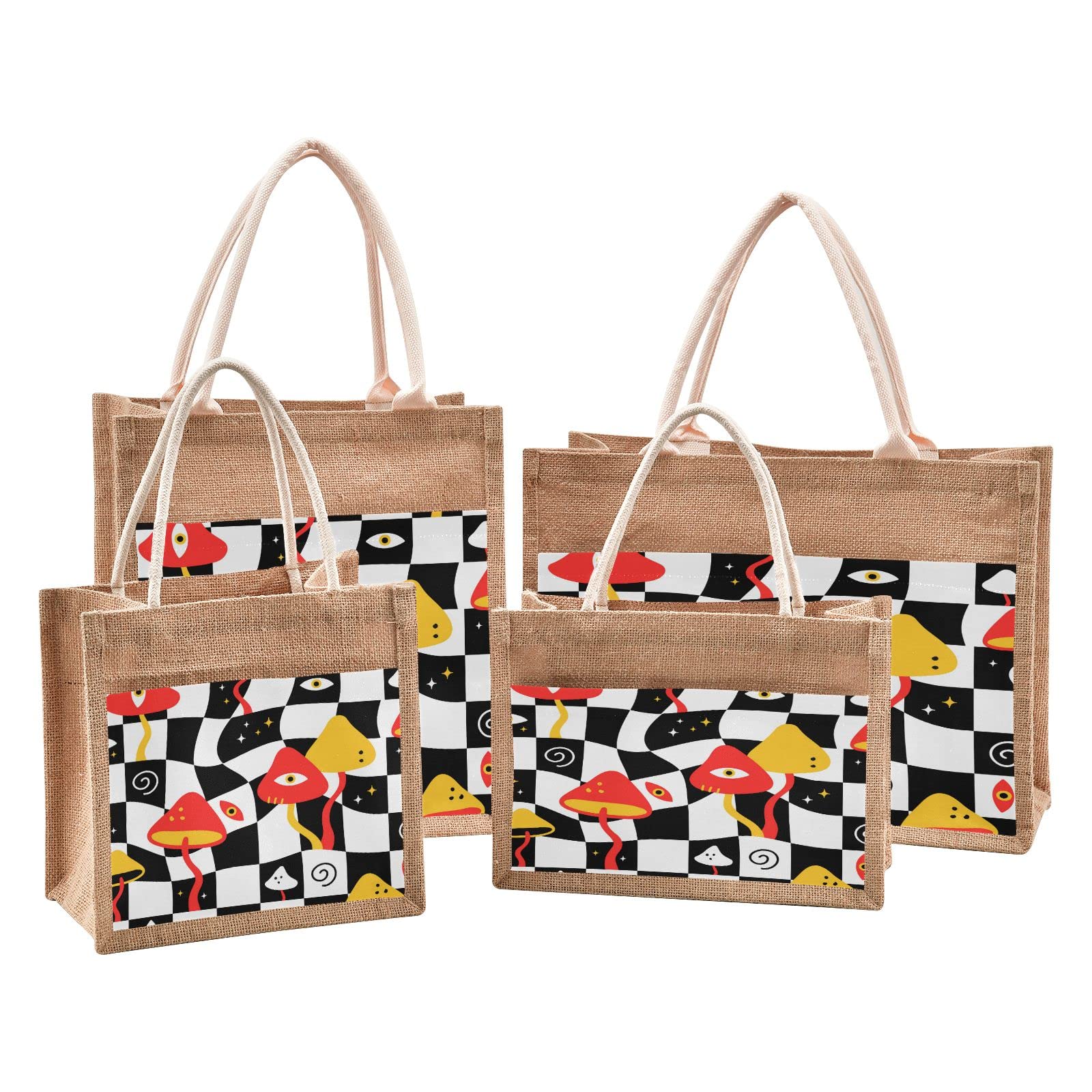Stylish Jute Tote Bag for Women - Eco-Friendly Mushroom & Geometric Print Grocery Shopping Bag with Handles - Perfect for Travel, Beach, Wedding & Everyday Use