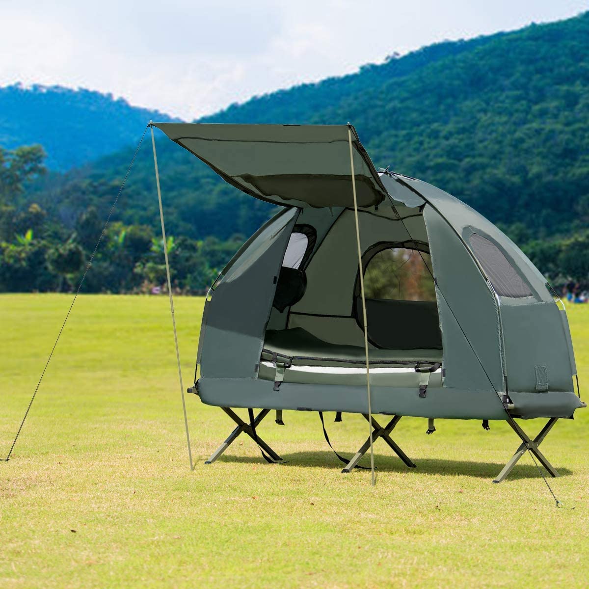 **Moccha Folding Camping Tent Cot with Sleeping Bag & Air Mattress - Portable Elevated Outdoor Tent for Camping, Hiking, Picnics - Includes Carry Bag for Easy Transport**    *(Perfect for Backpacking, Beach Trips, and Family Camping Adventures!)*