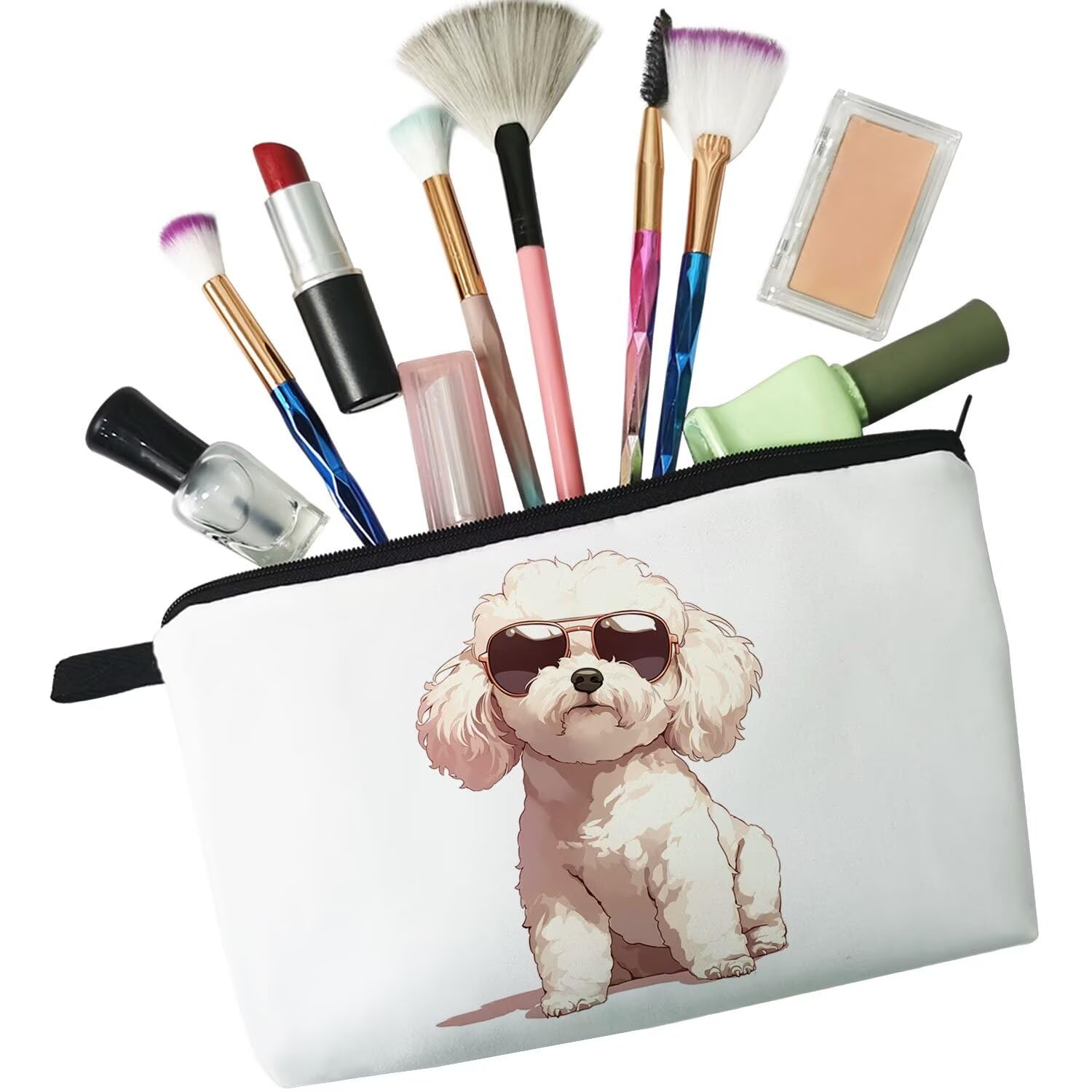 Funny Bichon Frise Makeup Bag - Small Organizer Toiletry Pouch with Zipper - Cute Cartoon Sunglasses Design - Perfect Cosmetic Bag Gift for Bichon Lovers & Dog Moms - Great for Travel, Gym & Daily Makeup Storage