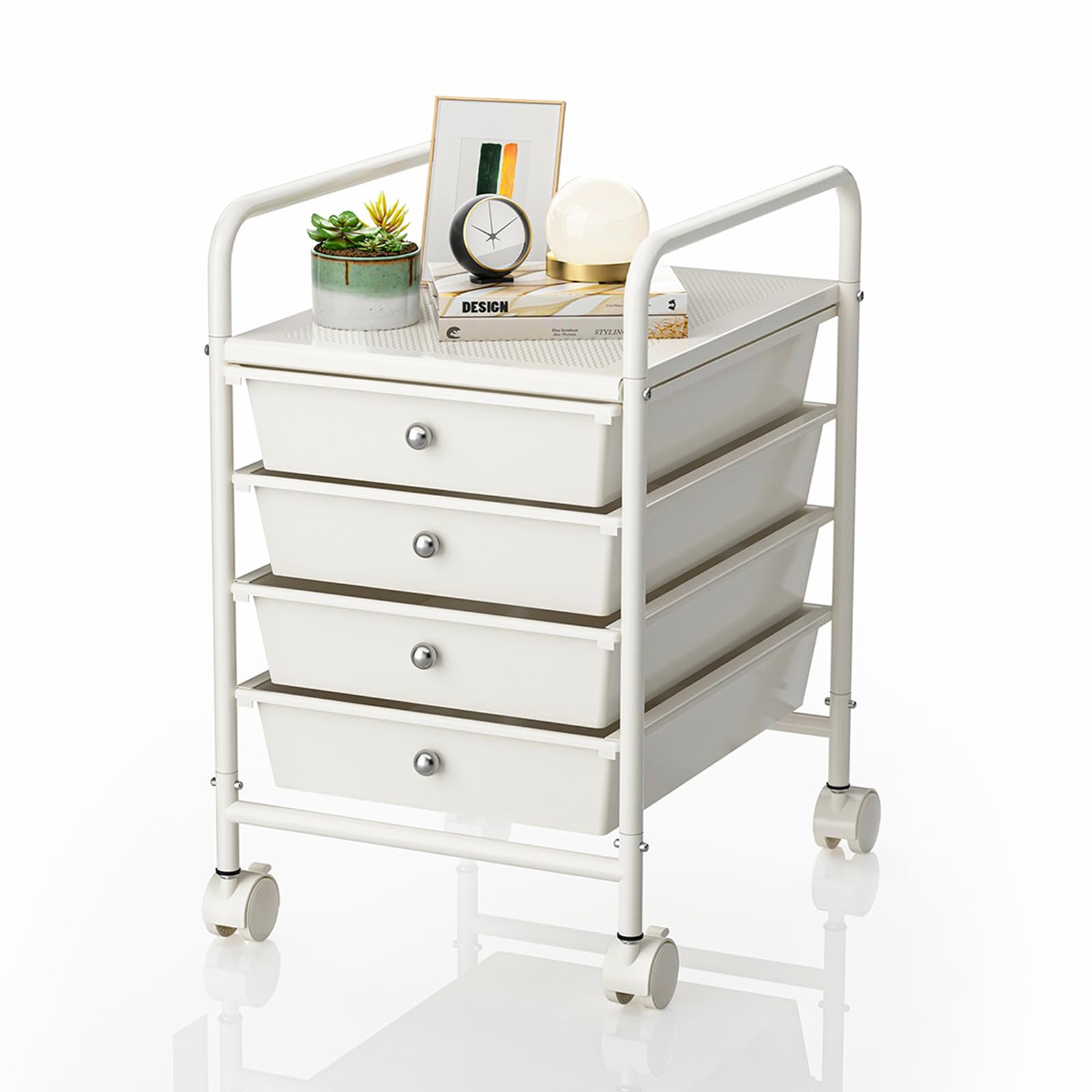 4-Tier Utility Cart with 4 Drawers & 2 Lockable Wheels - Mobile Rolling Storage Cart for Office, Kitchen, Bathroom - Perfect for Organizing Supplies, Beauty Products & Cleaning Essentials - Ivory White