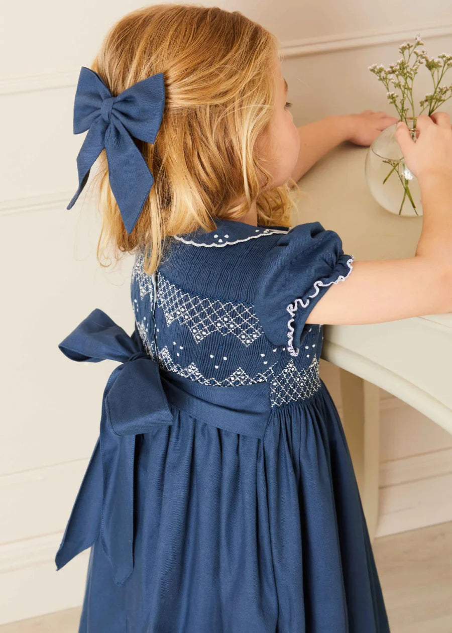 Royal Blue Hand Smocked Short Sleeve Dress for Girls (12 Months - 10 Years) - Perfect for Birthday Parties, Easter Outfits & Special Occasions