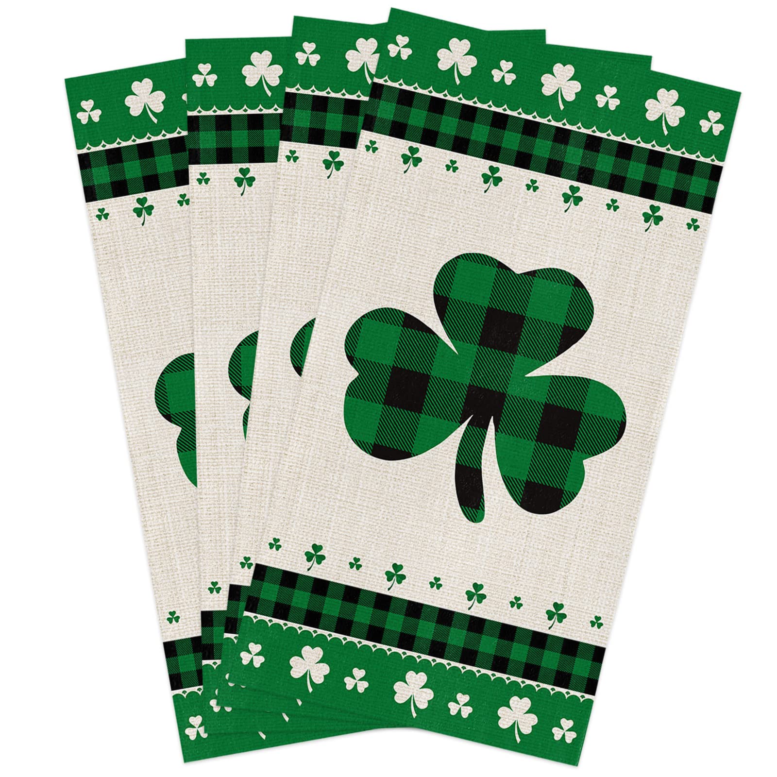 **Soft Microfiber Kitchen Towels - Pack of 4 Absorbent Dish Towels, Tea Towels & Bar Towels (18x28 Inch) - St. Patrick's Day Green Black Buffalo Plaid with Lucky Shamrock Design - Perfect for Kitchen Cleaning, Drying Dishes & Bar Use**