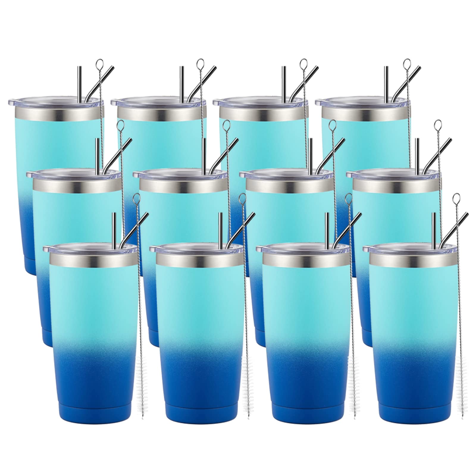 MUCHENGHY 20oz Stainless Steel Tumbler with Lid & Straw - 12 Pack Bulk Vacuum Insulated Travel Mug, Powder Coated Double Wall Thermal Cup for Hot & Cold Drinks (Ocean Blue) - Perfect for Coffee, Tea, Smoothies at Home, Office or Gym