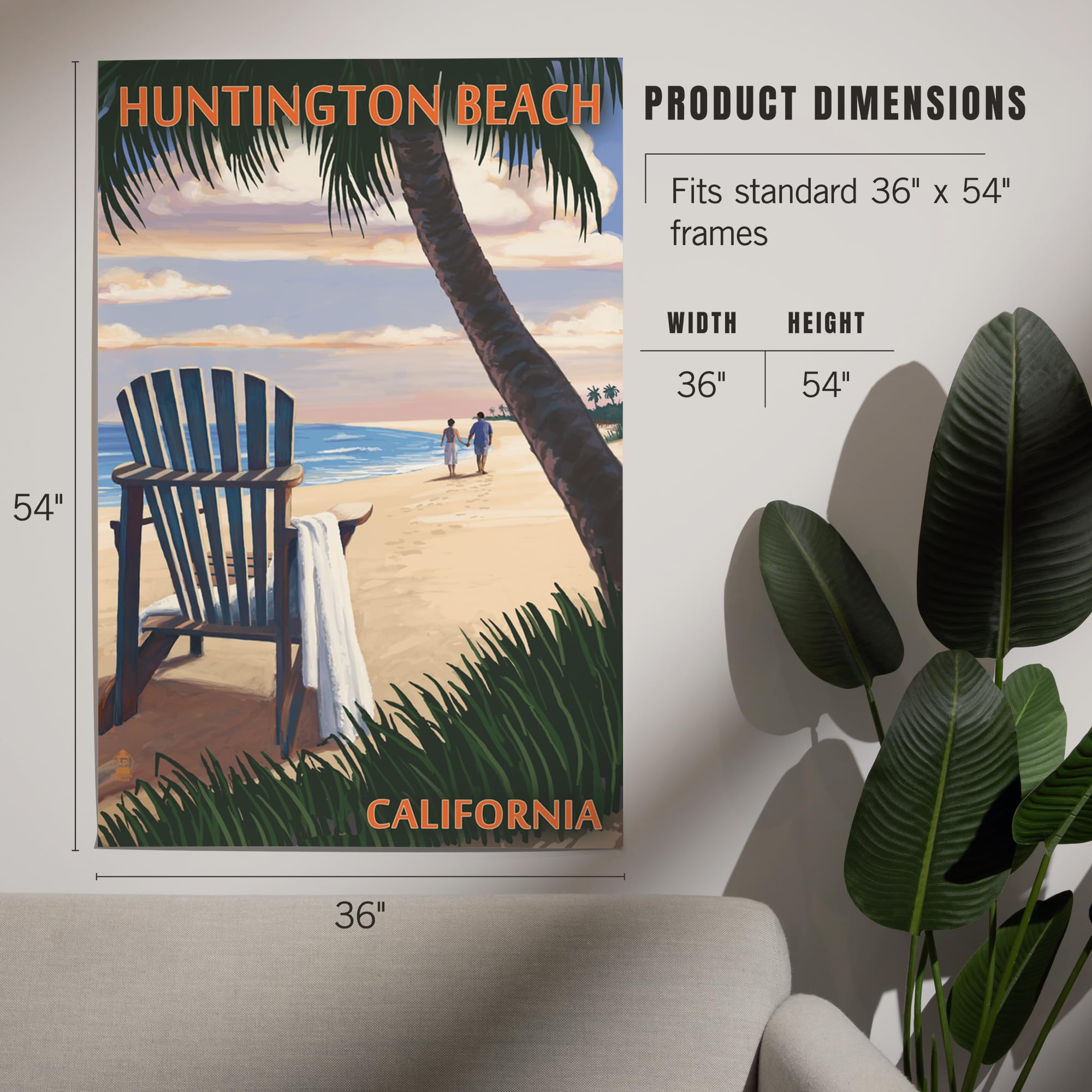 Lantern Press 36x54 Inch Giclee Art Print - Huntington Beach California Sunset with Adirondack Chairs - Premium Wall Decor for Living Room, Bedroom & Office
