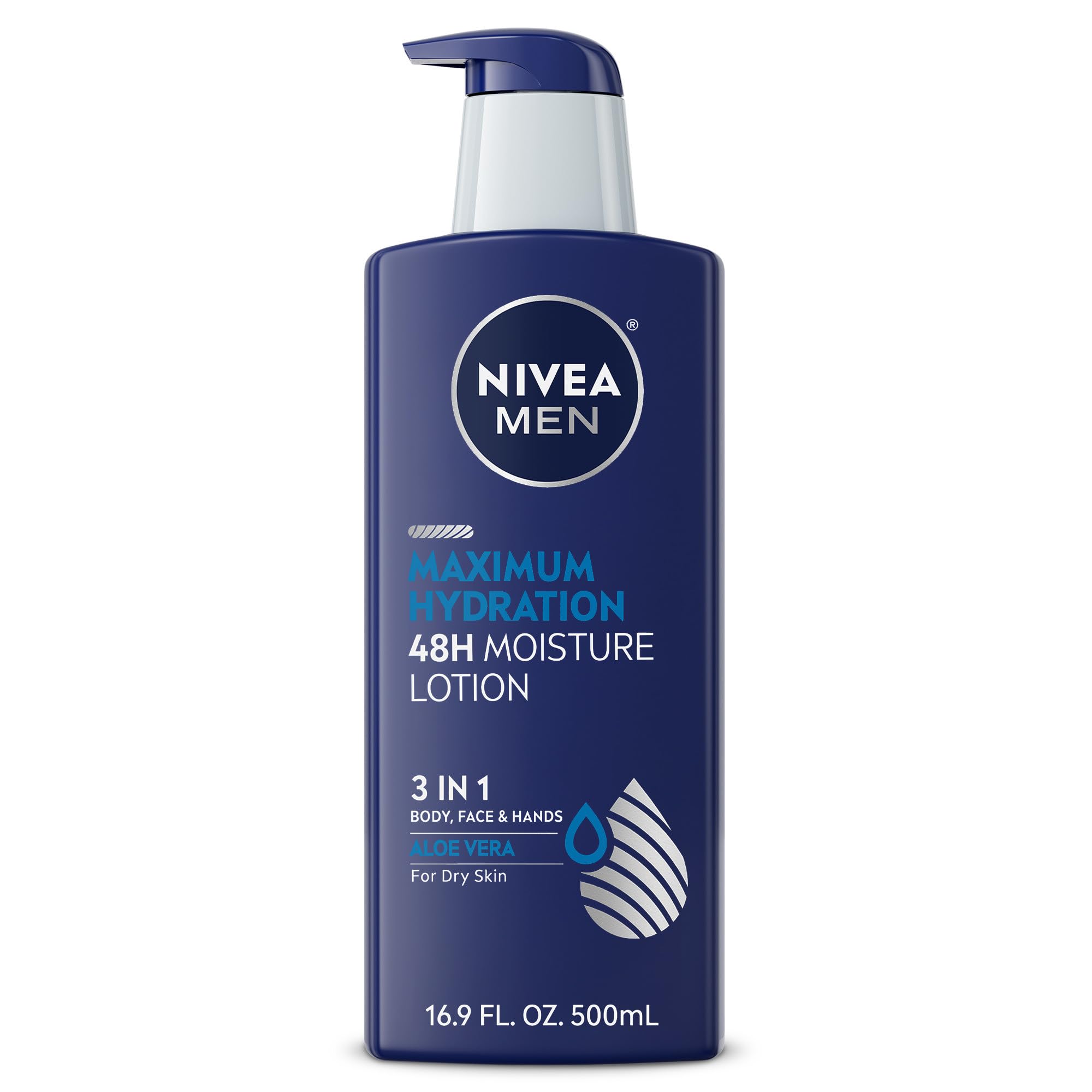 NIVEA MEN Maximum Hydration 48-Hour Moisturizing Body Lotion for Dry Skin - Aloe Vera Enriched 3-in-1 Lotion for Face, Body & Hands - Dermatologist Tested 16.9 Fl Oz - Perfect for Post-Shave & Daily Skincare Routine