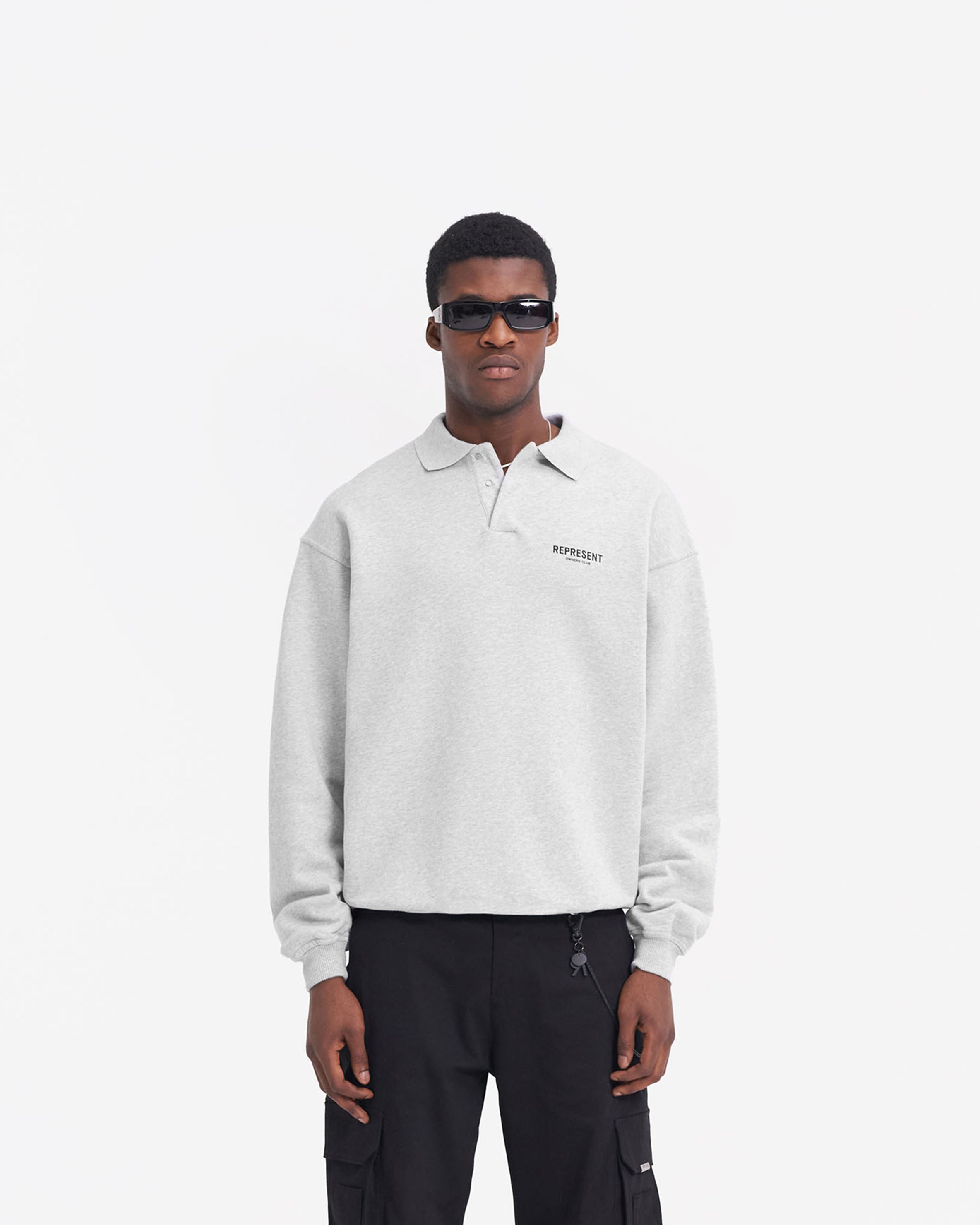 Represent Owners Club Long Sleeve Polo Sweater - Ash Grey | Premium Cotton Knit Top for Men | Perfect for Casual Wear, Office & Street Style