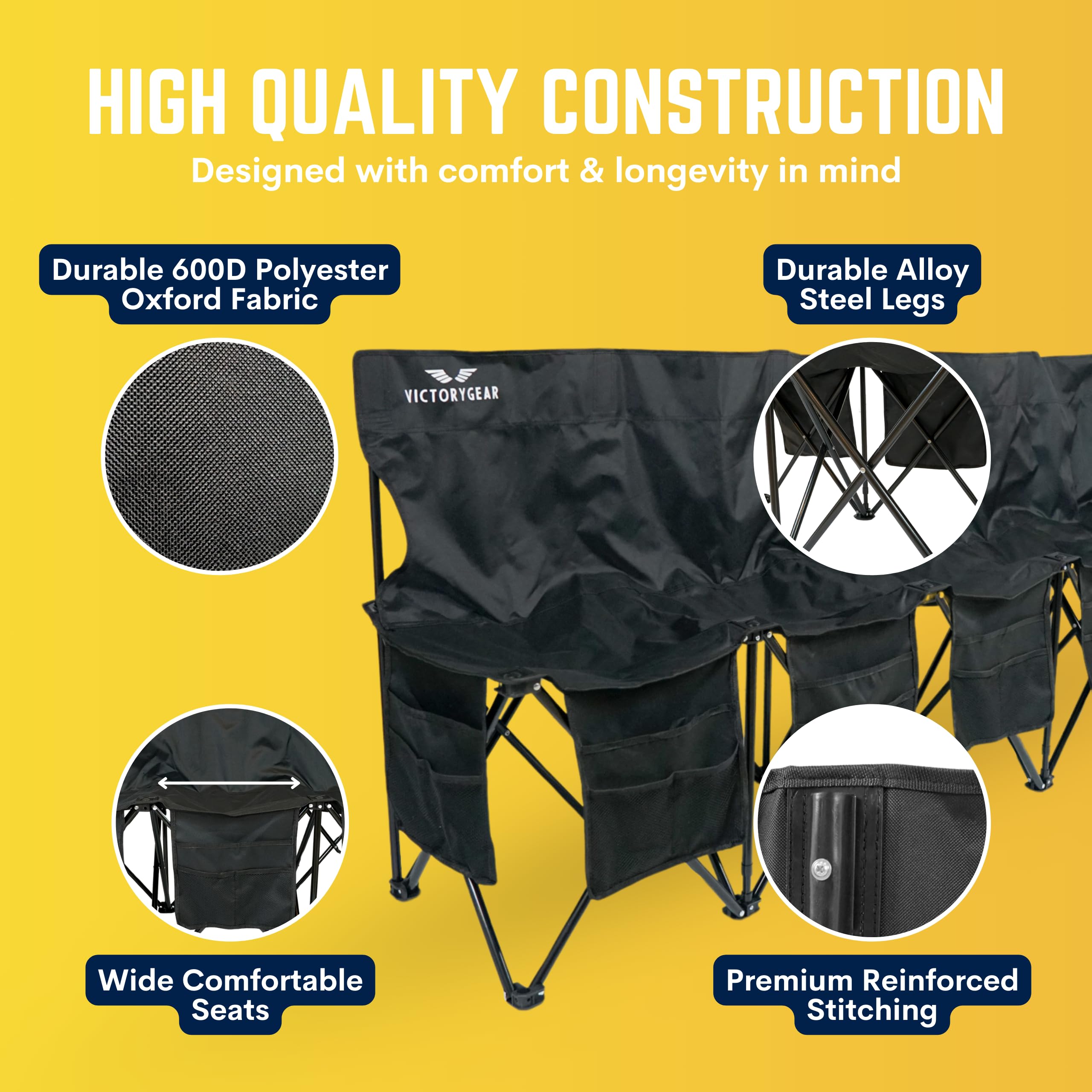 6-Seat Foldable Soccer Team Bench with 8 Pockets & Carry Bag - Portable Sideline Bench for Soccer Games, Practices & Outdoor Sports Events - Durable Folding Sports Bench for Coaches, Players & Spectators