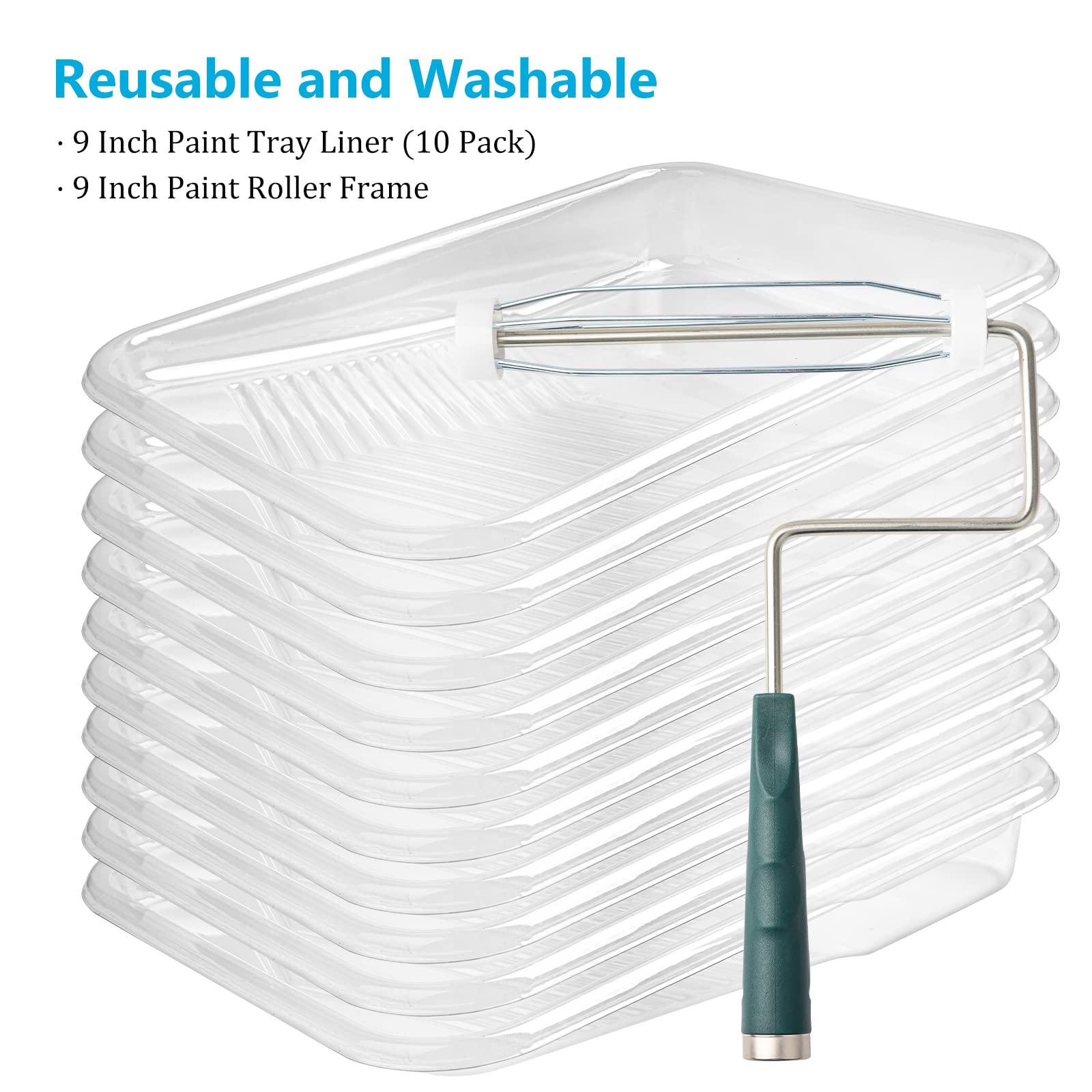 Mister Rui 9 Inch Paint Tray with 10 Disposable Liners & 5 Wire Cage Roller Frames - Large Silver Plastic Paint Roller Tray for Professional & DIY Painting Projects - Perfect for Walls, Ceilings, and Home Renovations