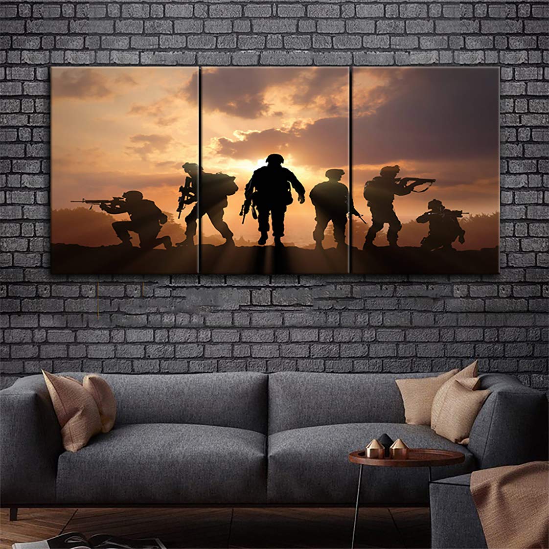 American Soldier Wall Art - Military Army Troops Silhouette Canvas Prints - Modern Home & Office Decor - 3 Panel Framed Ready to Hang - Perfect for Living Room, Bedroom, or Man Cave