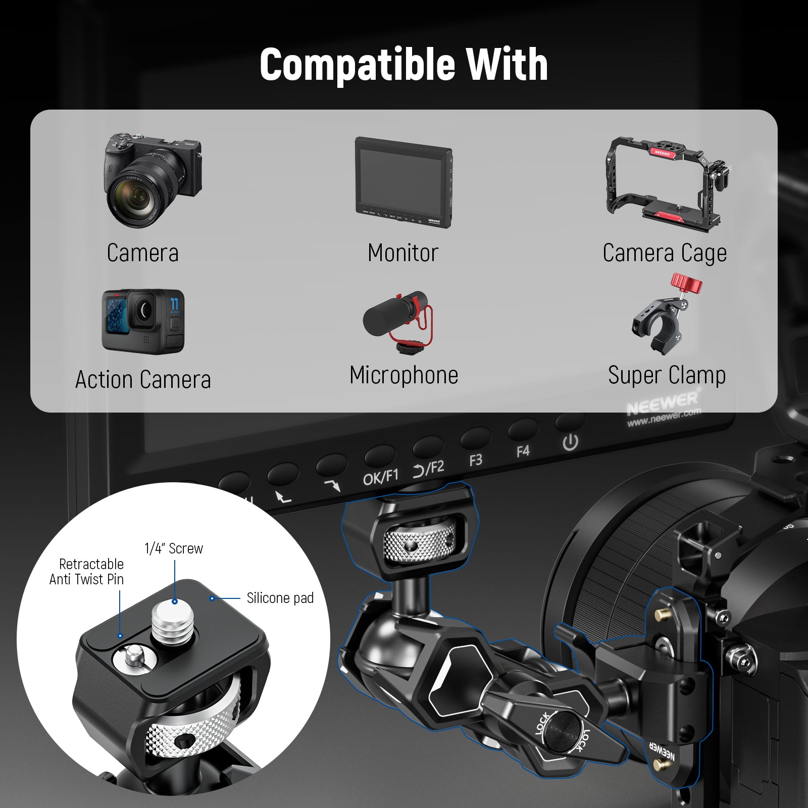 NEEWER UA011 Flexible Articulating Magic Arm with Super Clamp - Adjustable Camera Mount for DSLR, Smartphone, LED Light, Microphone - Perfect for Photography, Videography, Live Streaming & Vlogging