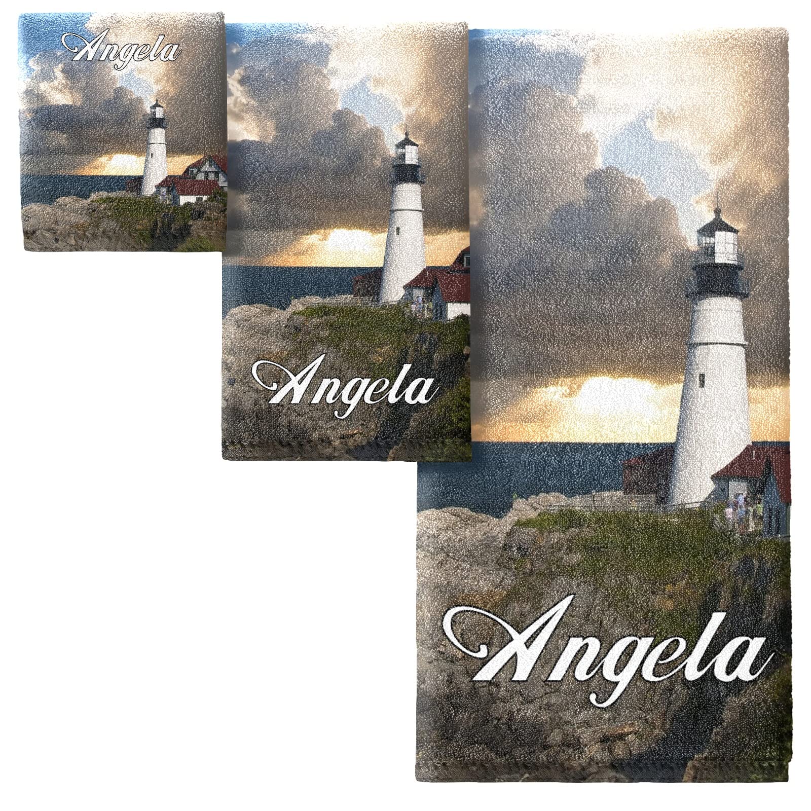 Personalized Lighthouse Bath Towel Set - 3-Piece Soft Cotton Towels (Beach, Hand, Washcloth) for Bathroom, Hotel, Gym, Spa & Kitchen - Perfect for Beach Trips, Poolside Lounging & Home Decor