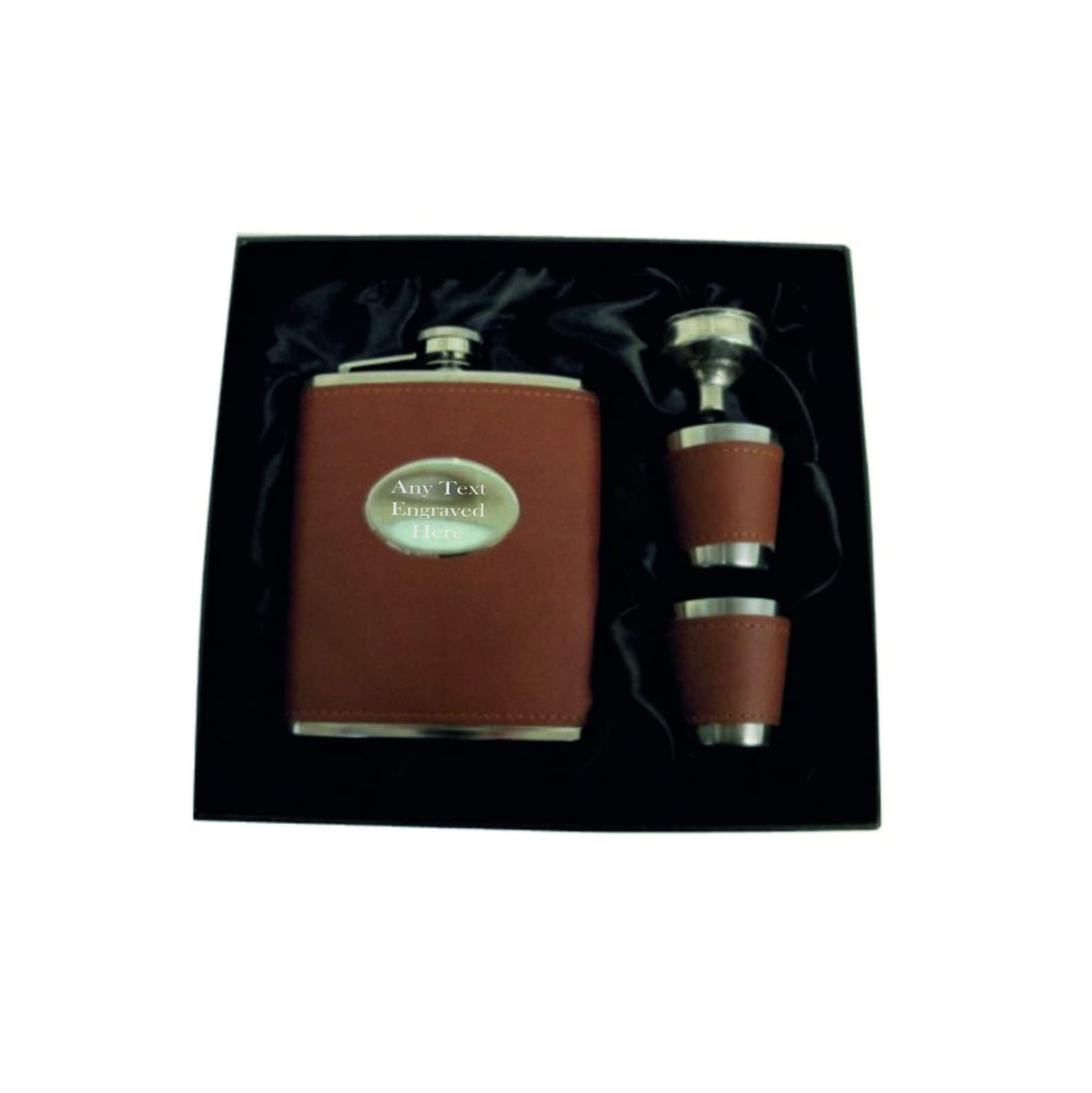 Personalized Engraved Brown 7oz Stainless Steel Hip Flask Gift Set with 2 Shot Glasses & Funnel - Perfect for Weddings, Birthdays & Outdoor Adventures
