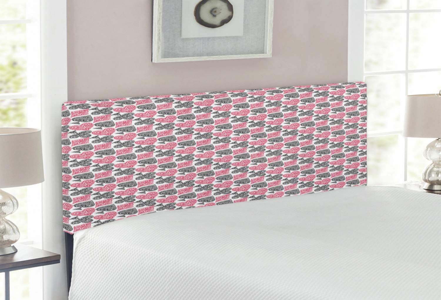 Lunarable Poker Headboard - Hand Drawn Ornate Playing Card Suits Design, Upholstered Decorative Metal Bed Frame with Memory Foam - Full Size Charcoal Grey & Hot Pink - Perfect for Casino Themed Bedrooms, Game Rooms & Unique Home Decor
