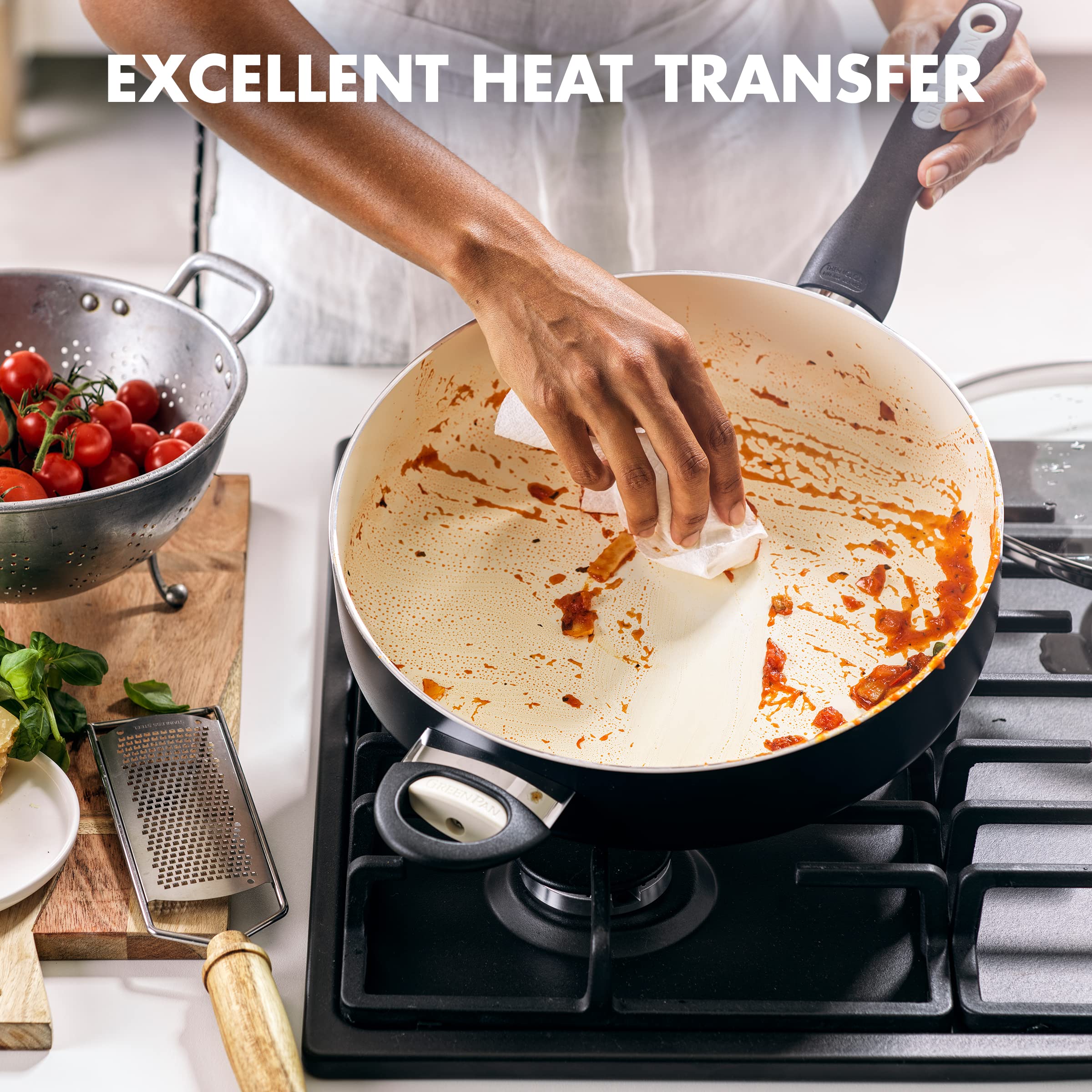 GreenPan Rio Healthy Ceramic Nonstick 5QT Saute Pan - PFAS-Free, Dishwasher Safe Cookware with Helper Handle & Glass Lid - Perfect for Stir-Frying, Searing & Everyday Cooking - Black