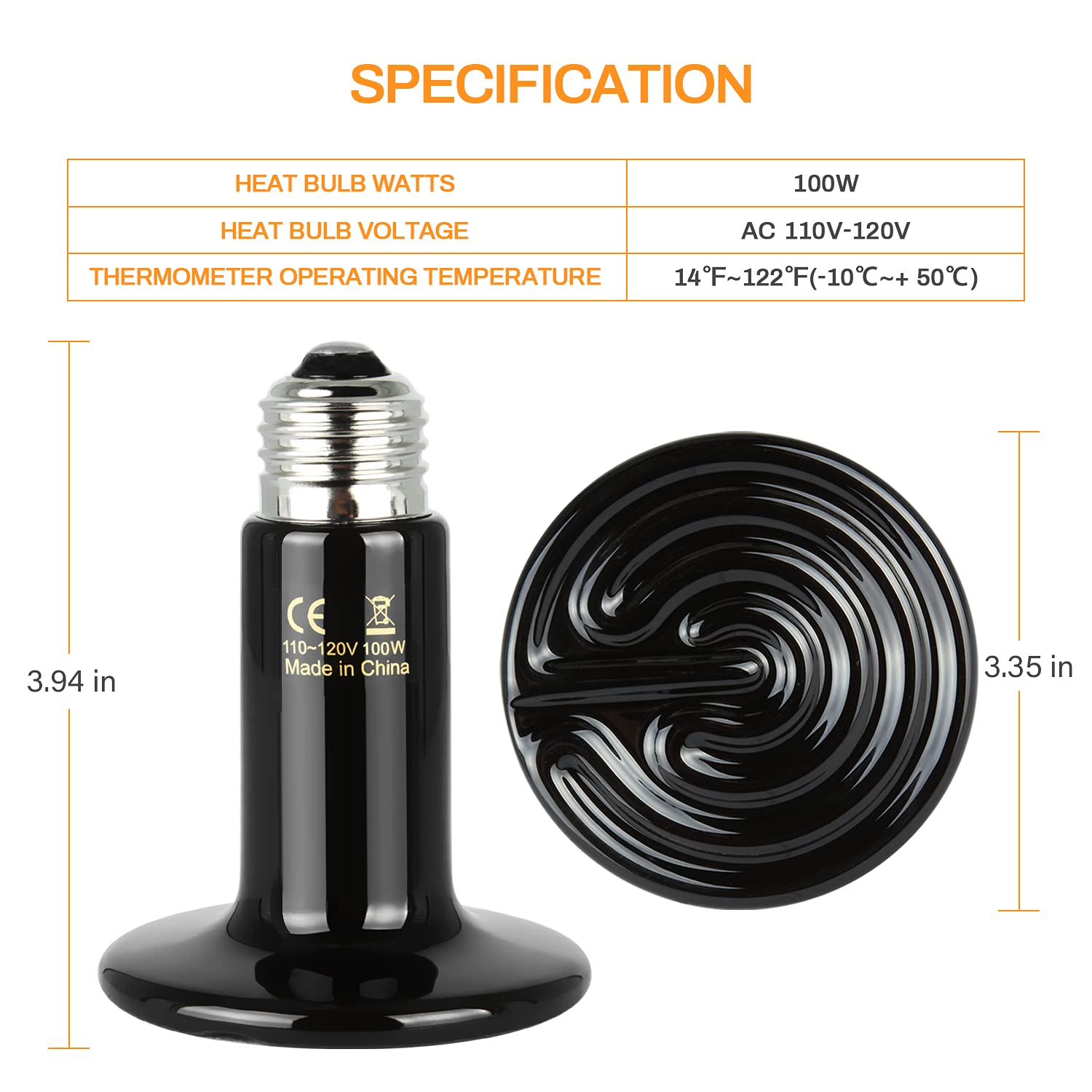 Simple Deluxe 100W Ceramic Heat Emitter Bulb - No Light Reptile Heat Lamp with Free Digital Thermometer for Reptile Tanks, Chicken Coops & Pet Brooders - Ideal for Lizards, Turtles, Snakes & Amphibians - Perfect for Terrariums, Aquariums & Reptile Habitats