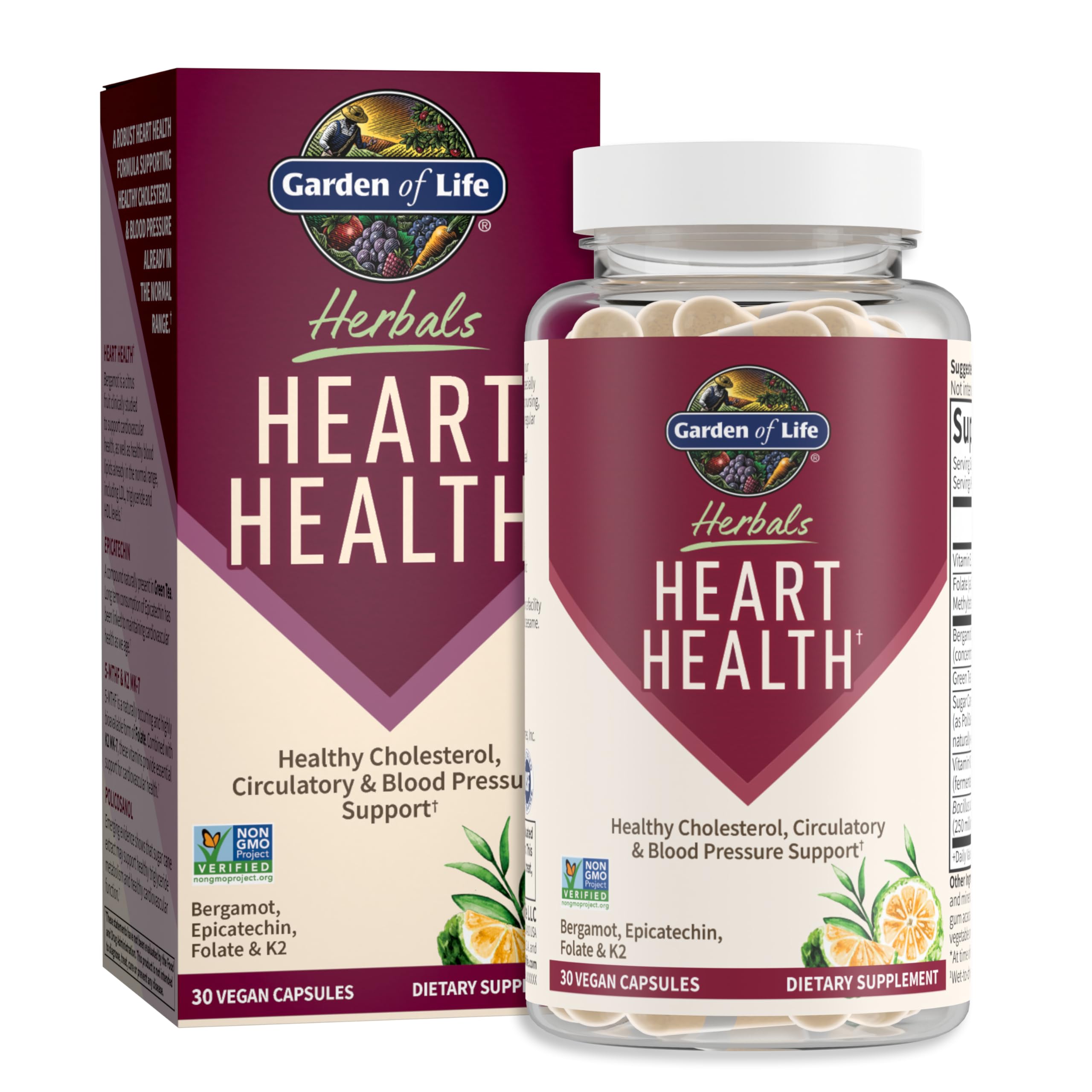 Garden of Life Herbals Heart Health Supplement with Folate, Bergamot & Green Tea - Supports Cholesterol, Circulation & Blood Pressure - Non-GMO, Gluten-Free, Citrus Flavor (30 Servings) - Perfect for Daily Cardiovascular Wellness & Active Lifestyle Support