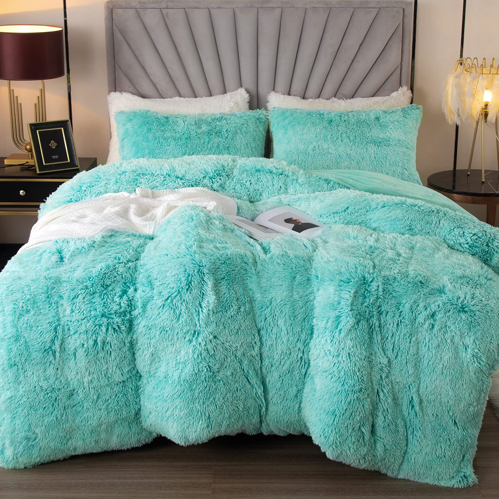Luxury Fuzzy Duvet Cover Set - Twin Size Fluffy Comforter Cover, Shaggy & Plush Soft Bedding for Cozy Winter Nights (Aqua, Twin) - Perfect for Guest Rooms, Dormitories & Cold Weather Comfort