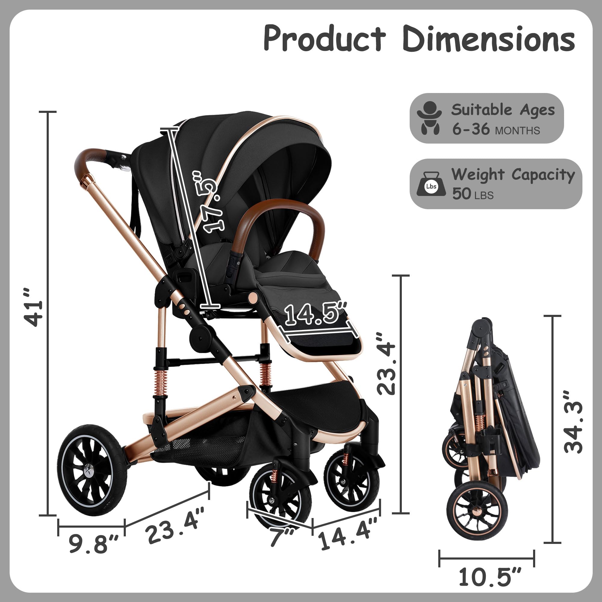 Convertible Baby Stroller - Lightweight Folding Infant Stroller with Large UV Protection Canopy, Adjustable Reclining Backrest, Cup Holder & Storage Basket | Perfect for Travel, Shopping & Daily Walks (Black)