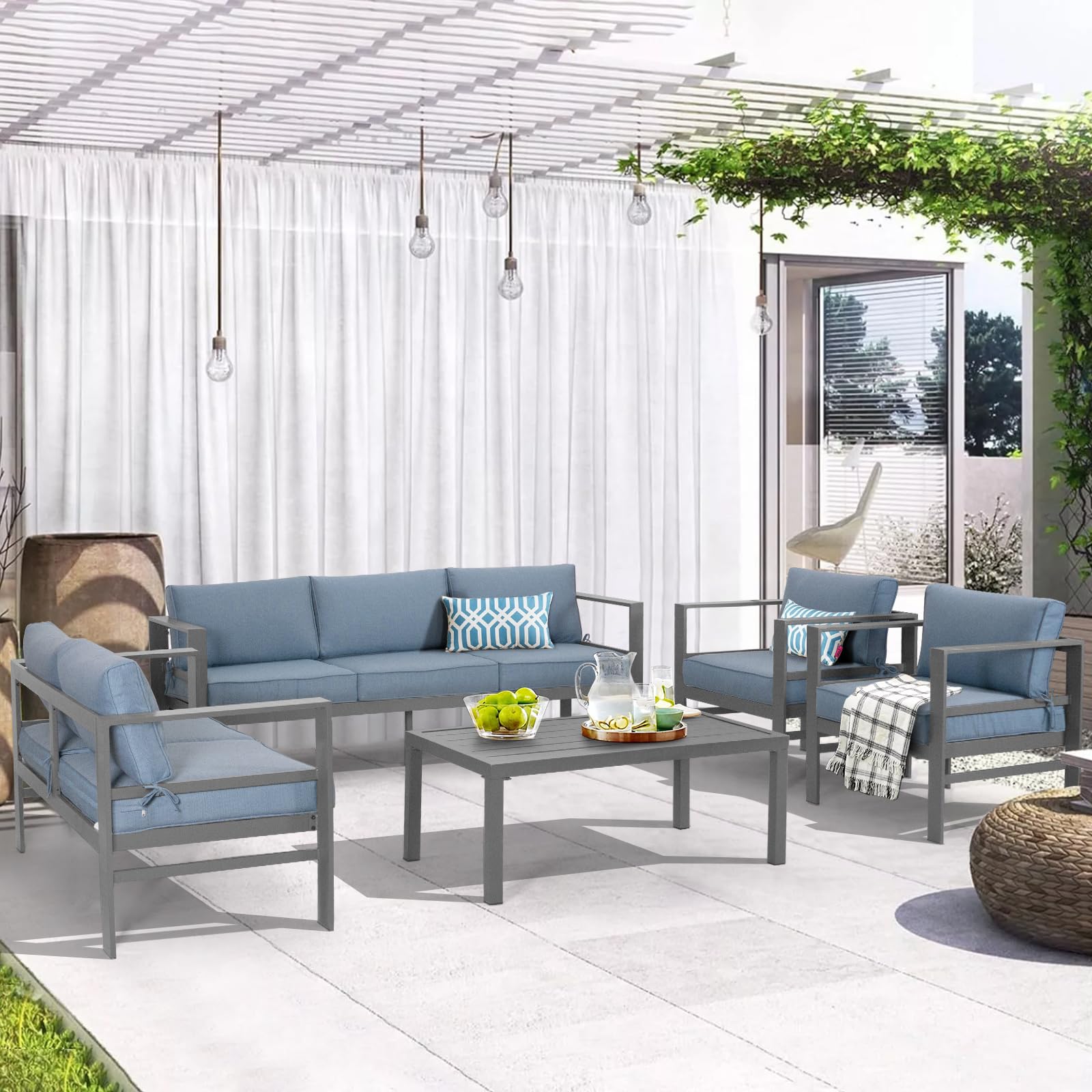 5-Piece Cast Aluminum Outdoor Patio Furniture Set - Grey Frame & Blue Cushions - Modern Metal Conversation Sofa Set for Backyard, Garden, Poolside or Deck Relaxation