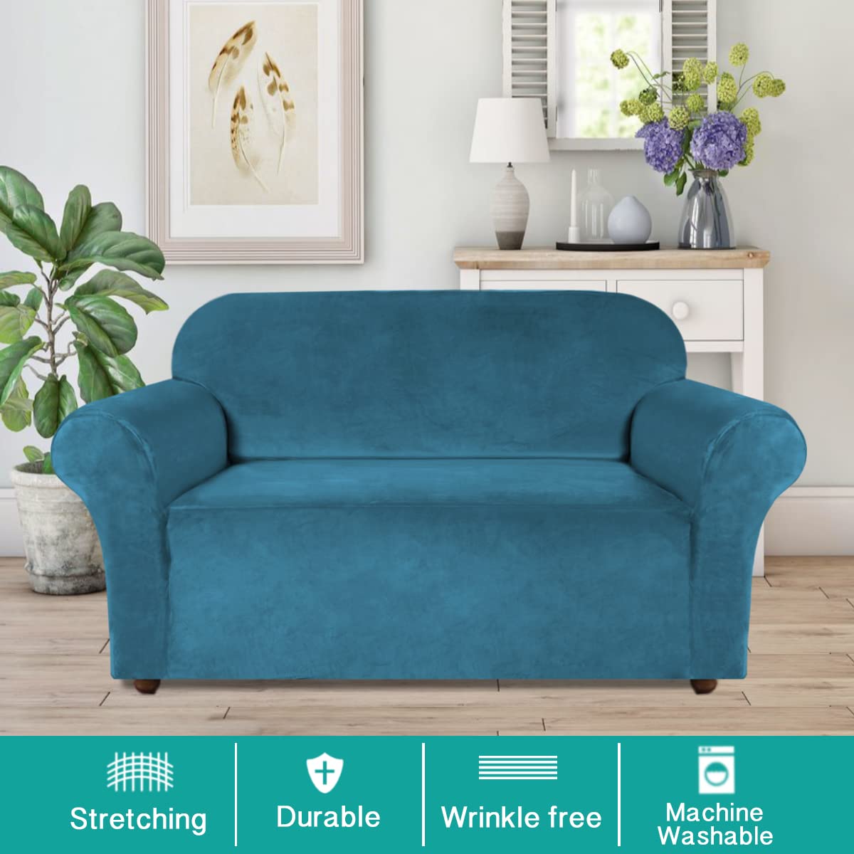 Peacock Blue Velvet Loveseat Cover - Stretch Sofa Slipcover for 2-Cushion Couches with Non-Slip Elastic Bottom | Soft Velvet Fabric Furniture Protector | Perfect for Living Room, Apartment & Home Decor