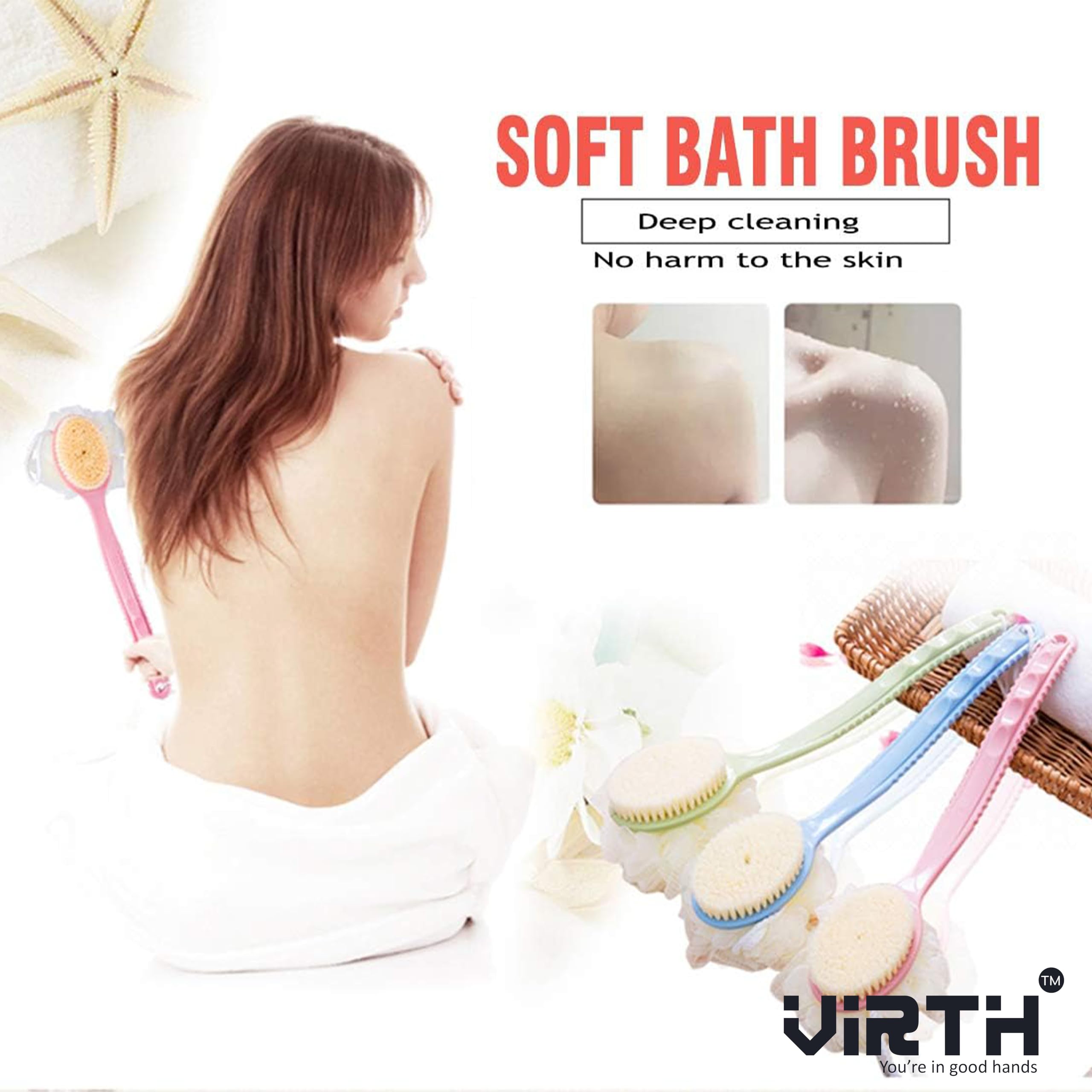 Virth® 2-in-1 Bath & Body Brush with Soft Loofah & Bristles - Long Handle Back Scrubber for Wet/Dry Use - Exfoliating Shower Brush for Women & Men - Perfect for Face, Body & Spa Care - Ideal for Deep Cleansing & Relaxing Bath Time
