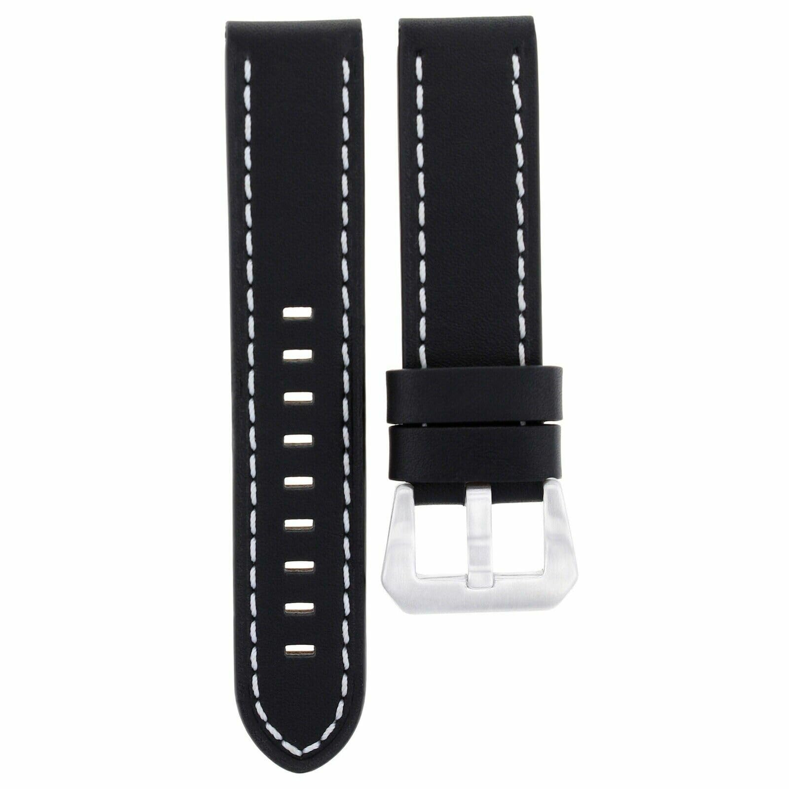 24mm Genuine Leather Watch Band Strap for Breitling Navitimer Bentley - Black with White Stitching - Premium Replacement Watch Strap for Men - Perfect for Business, Casual & Formal Occasions