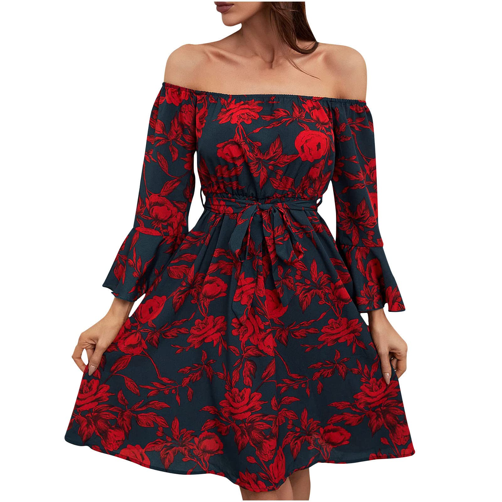 Sexy Off The Shoulder Floral Mini Dress for Women - Long Sleeve A-Line Swing Party Dress, Wedding Guest Outfit, Perfect for Date Night & Cocktail Parties