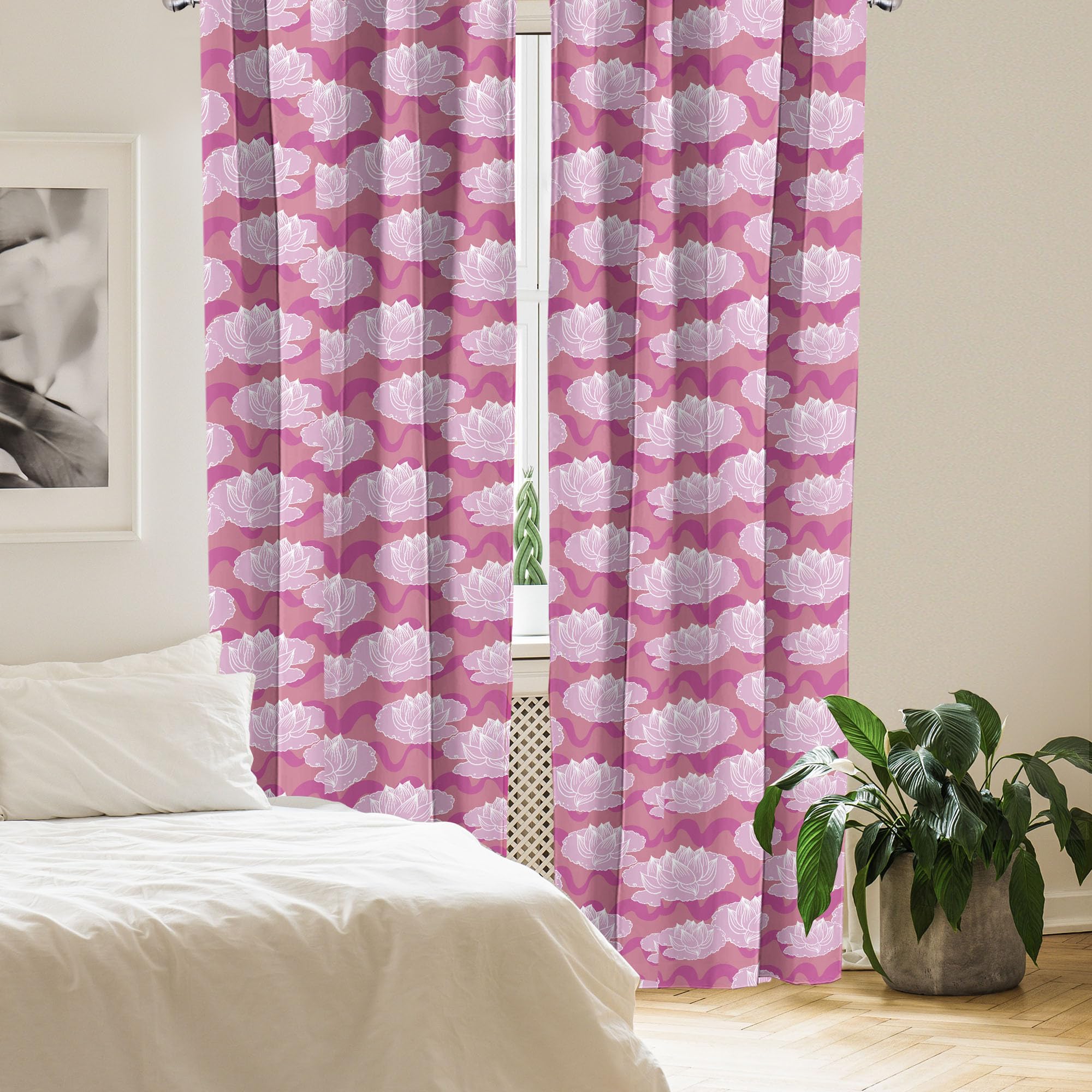 Ambesonne Lotus Curtains - Japanese Folklore Waterlilies Floral Design on Swirled Backdrop, 2 Panel Window Treatments for Living Room & Bedroom (28