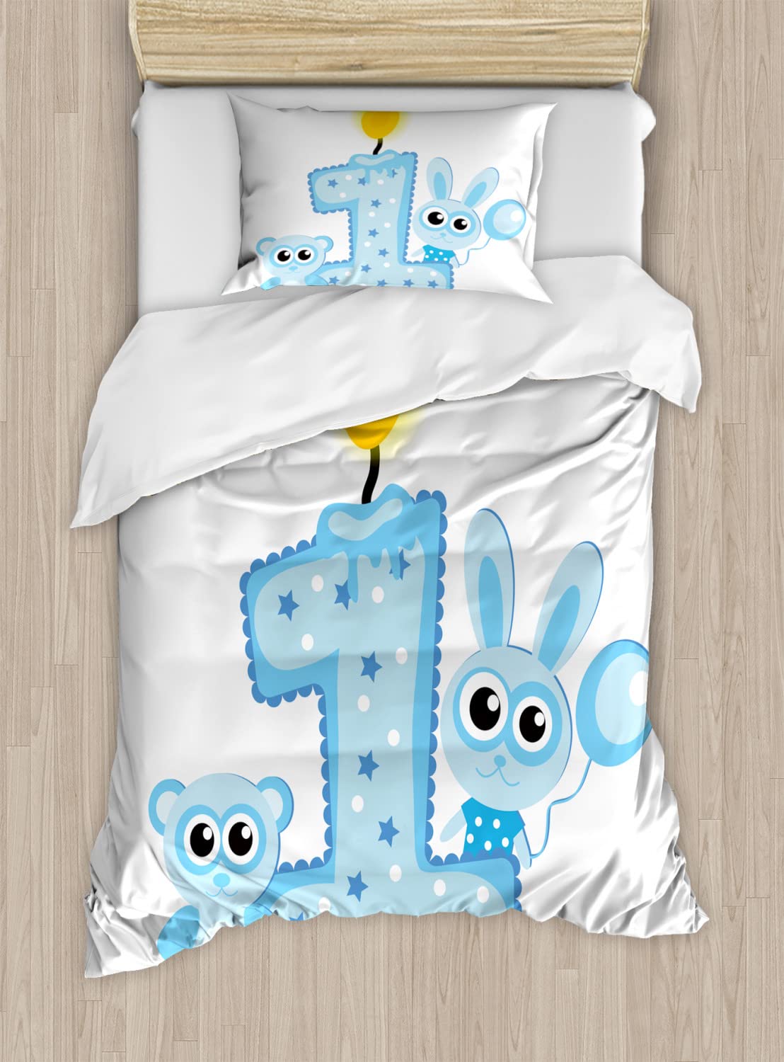 Ambesonne 1st Birthday Duvet Cover Set - Cute Rabbit & Bear Animal Print with Cake & Candle Design, 2-Piece King Size Bedding Set (Duvet Cover + Pillowcase) in Pale Blue - Perfect for Baby Showers, Nursery Decor & Birthday Party Themes