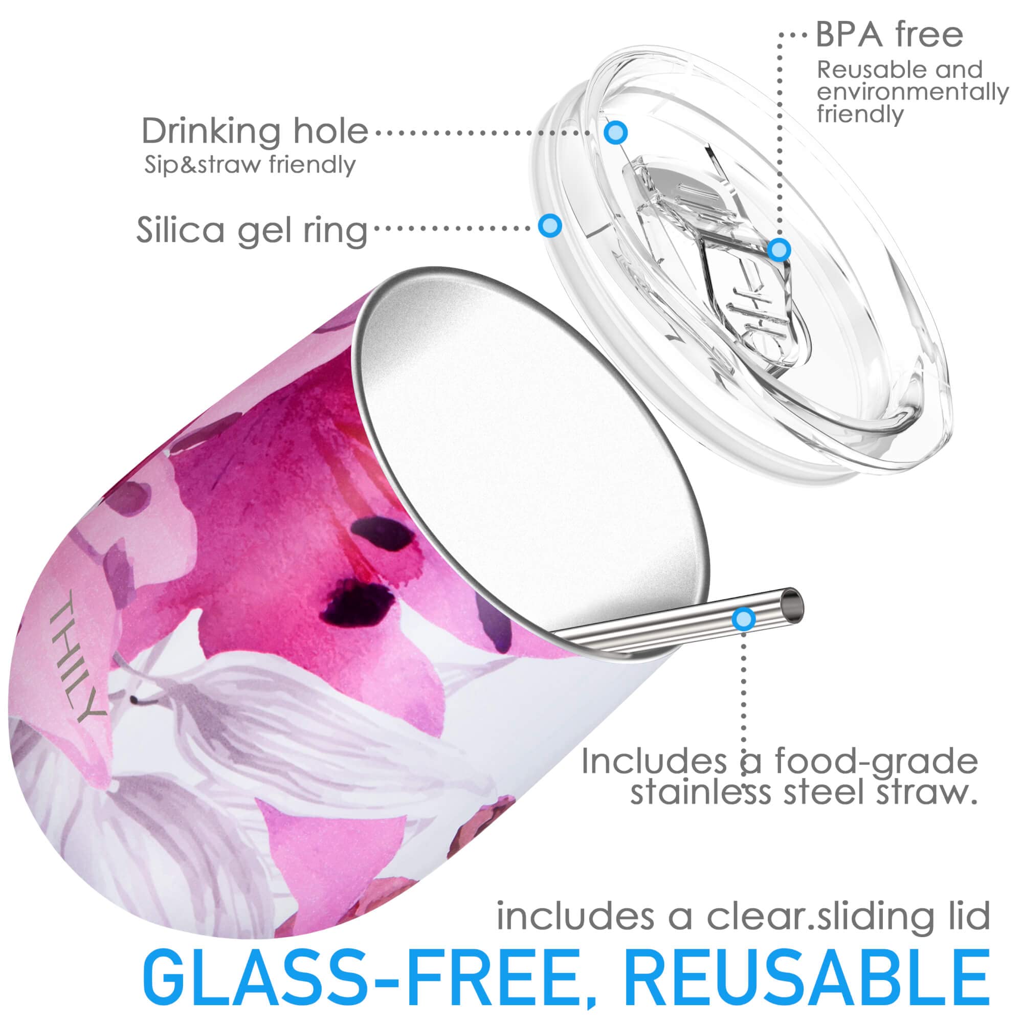 THILY 12 oz Stainless Steel Stemless Wine Tumbler 4 Pack - Vacuum Insulated Travel Wine Glasses with Sliding Lids & Straws - Keeps Drinks Cold for 12+ Hours - Perfect for Wine, Juice, Coffee, Beer - Ideal for Picnics, Camping, Beach & Outdoor Parties (Flower Series)