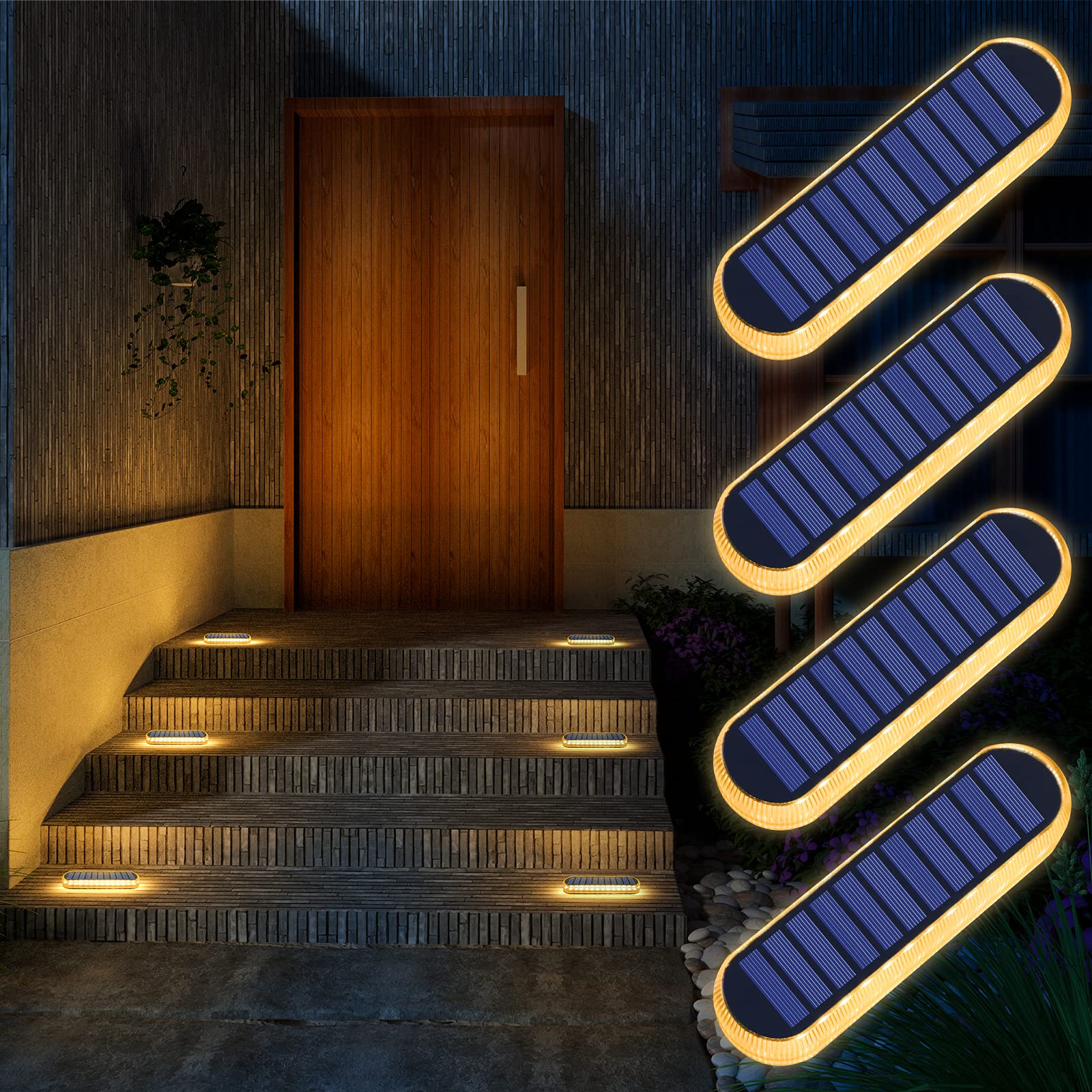 Solar Deck Lights Outdoor Waterproof - 4 Pack Warm White LED Solar Step Lights for Marine Dock, Walkway, Driveway, Pathway, Backyard, Patio & Garden - Perfect for Nighttime Safety & Landscape Lighting