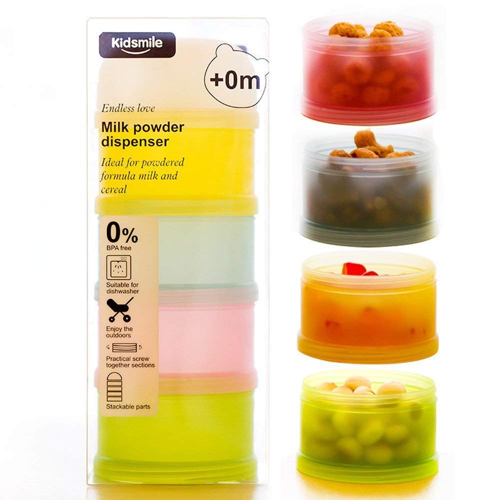 BPA-Free Twist-Lock Stackable Formula Dispenser - 4 Layer Leak-Proof Baby Powder Container & Snack Storage for Travel, Daycare, and On-the-Go Feeding (4 Compartments)