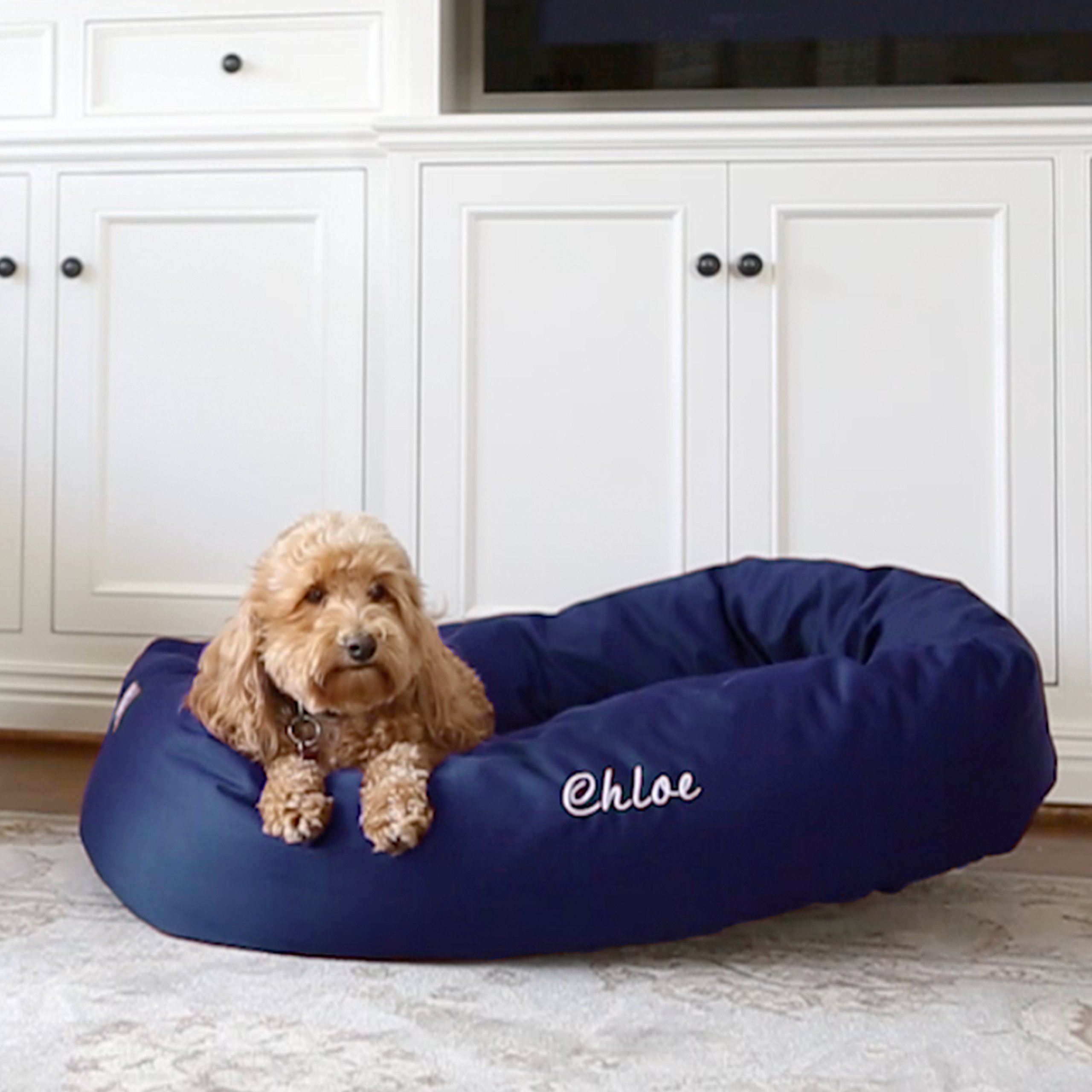 Majestic Pet 32 Inch Personalized Washable Calming Dog Bed - Cozy Soft Round Orthopedic Pet Bed with Spine Support for Small to Medium Dogs - Fluffy Donut Design 32x23x7 Inches (Blue) - Perfect for Anxiety Relief & Comfortable Napping in Living Room or Bedroom