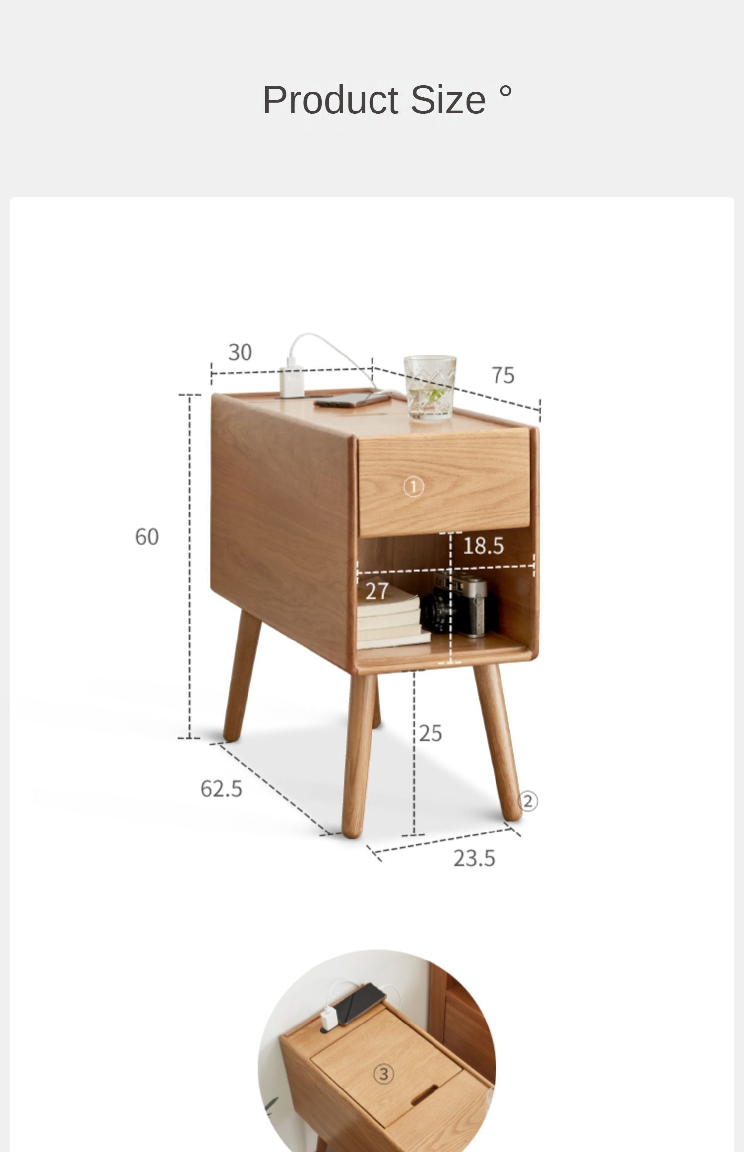 Solid Oak Narrow Side Table with Flip Door Storage - Rustic Wood End Table for Living Room, Bedroom & Entryway - Compact Console Cabinet for Small Spaces