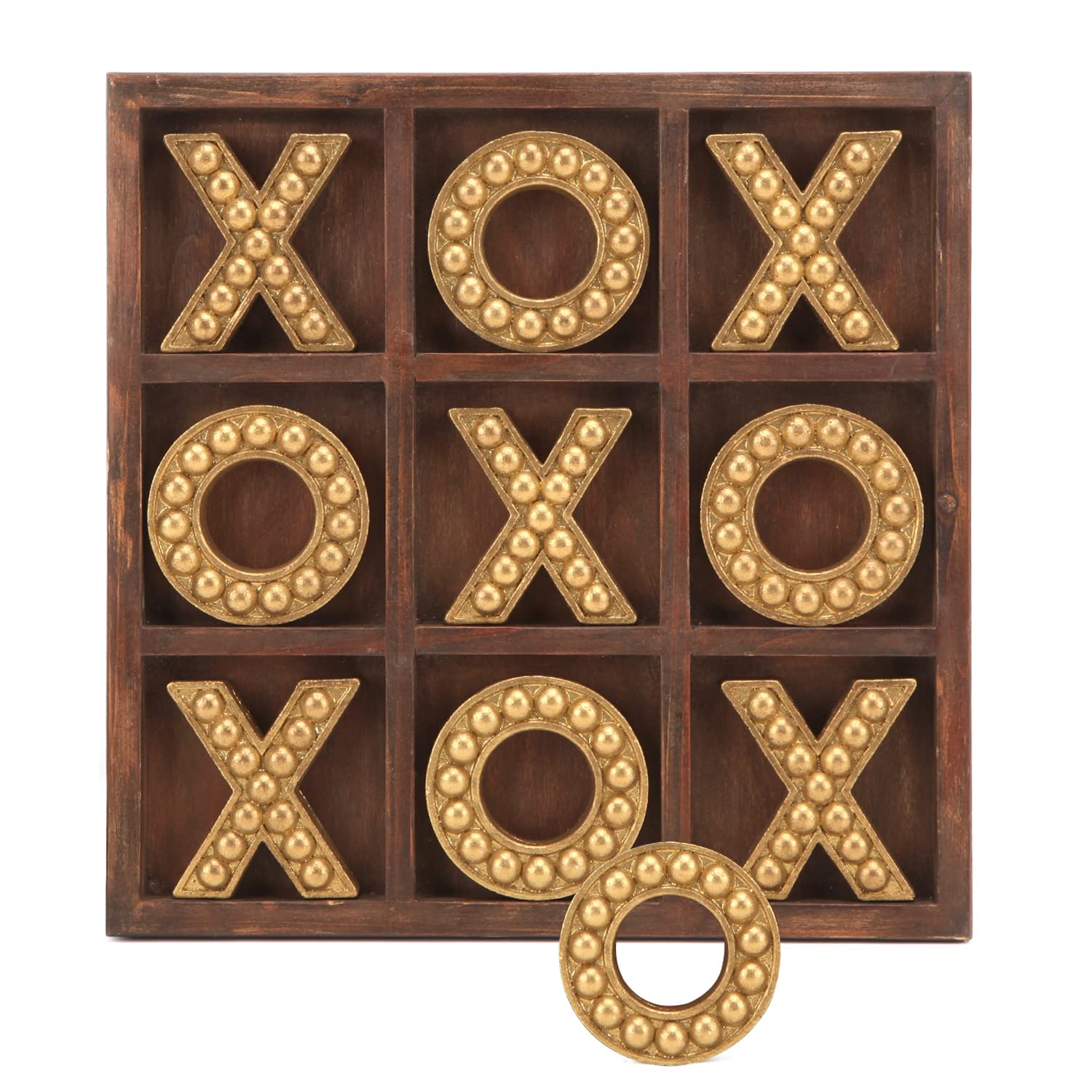 Rustic Wooden Tic Tac Toe Game Board - 10.6 Inch Coffee Table Decor with Gold Accents | Farmhouse Home Decor, Game Night Accessories, Living Room Centerpiece