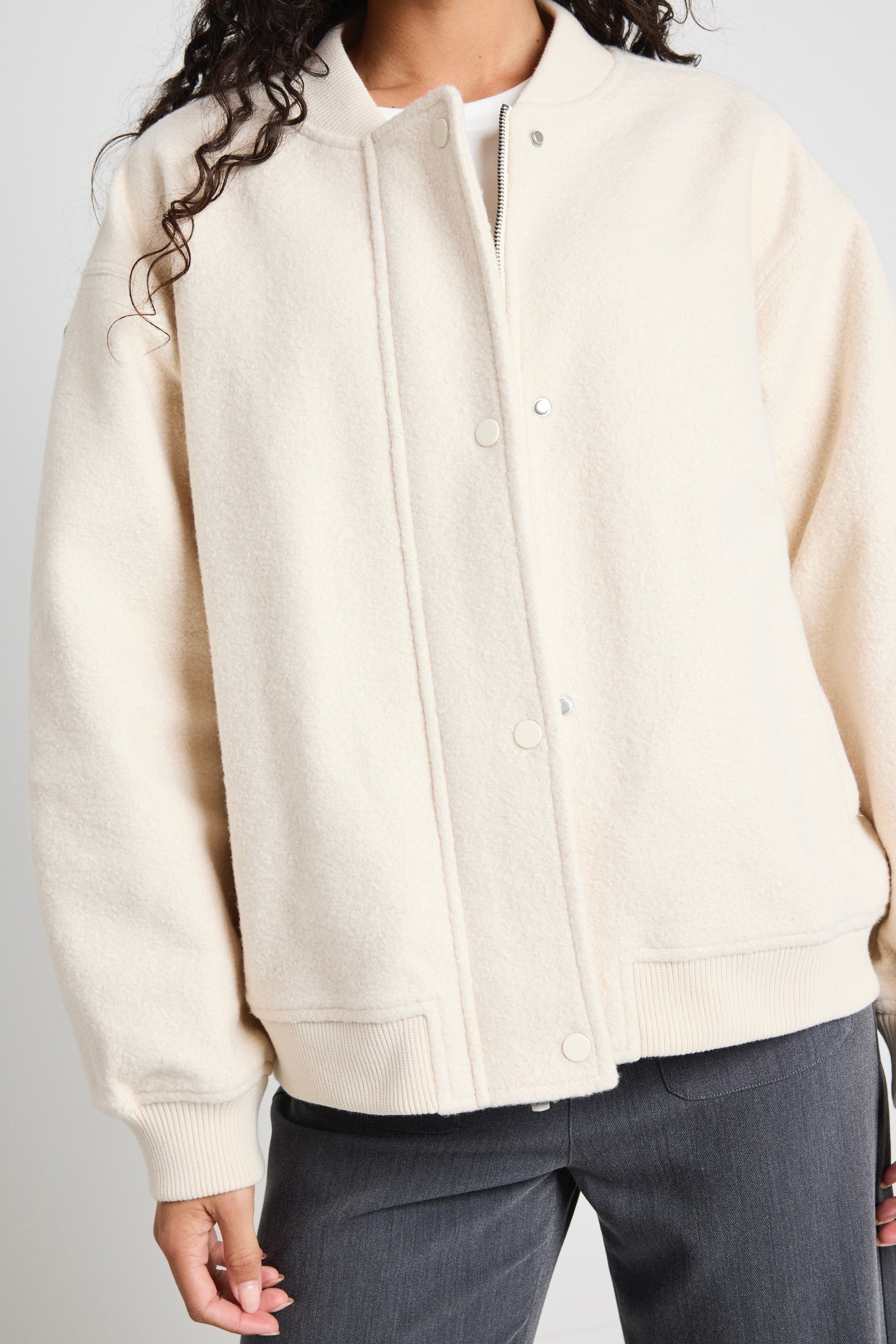 Stylish Brisk Bone Boucle Bomber Jacket for Women - Trendy Oversized Coat with Pockets | Perfect for Fall, Winter & Casual Outfits