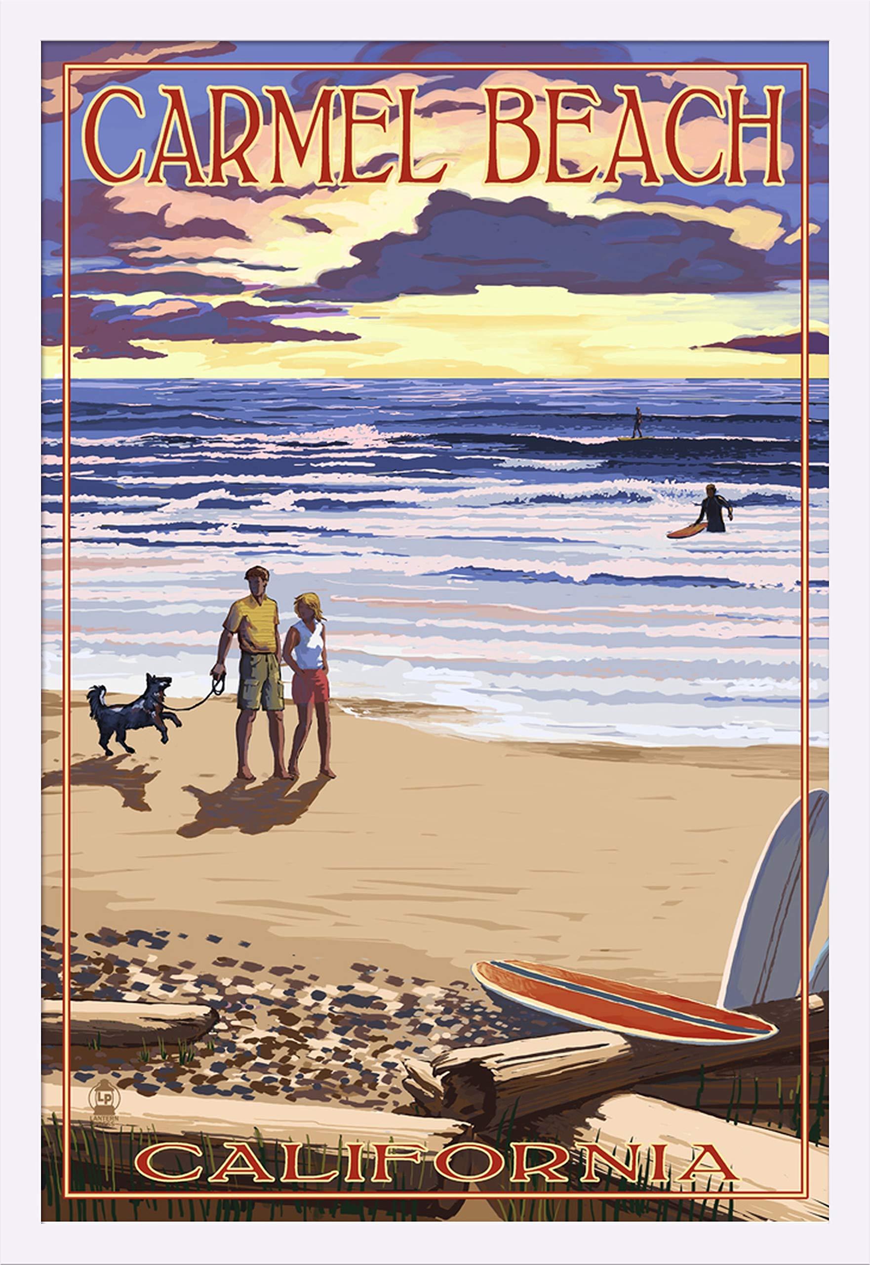 Carmel Beach California Sunset Art Print - 24x36 Giclee Wall Decor, Gallery Framed in White Wood - Perfect for Living Room, Bedroom or Office Coastal Decor