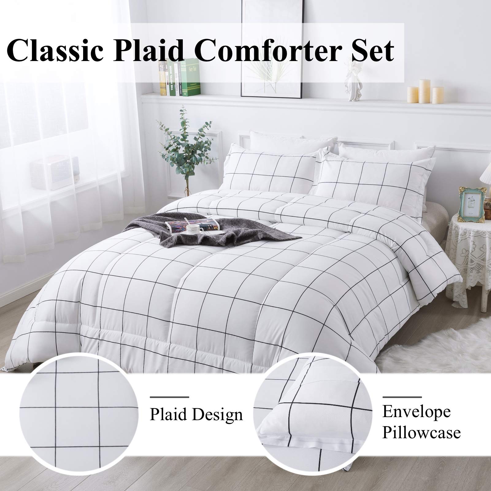 Andency White Grid Comforter Set Twin Size (66x90 Inch) - 2 Piece Lightweight Microfiber Bedding Set with Plaid Design & Pillowcase | Perfect for Dorm Rooms, Guest Beds & Cozy Bedroom Decor