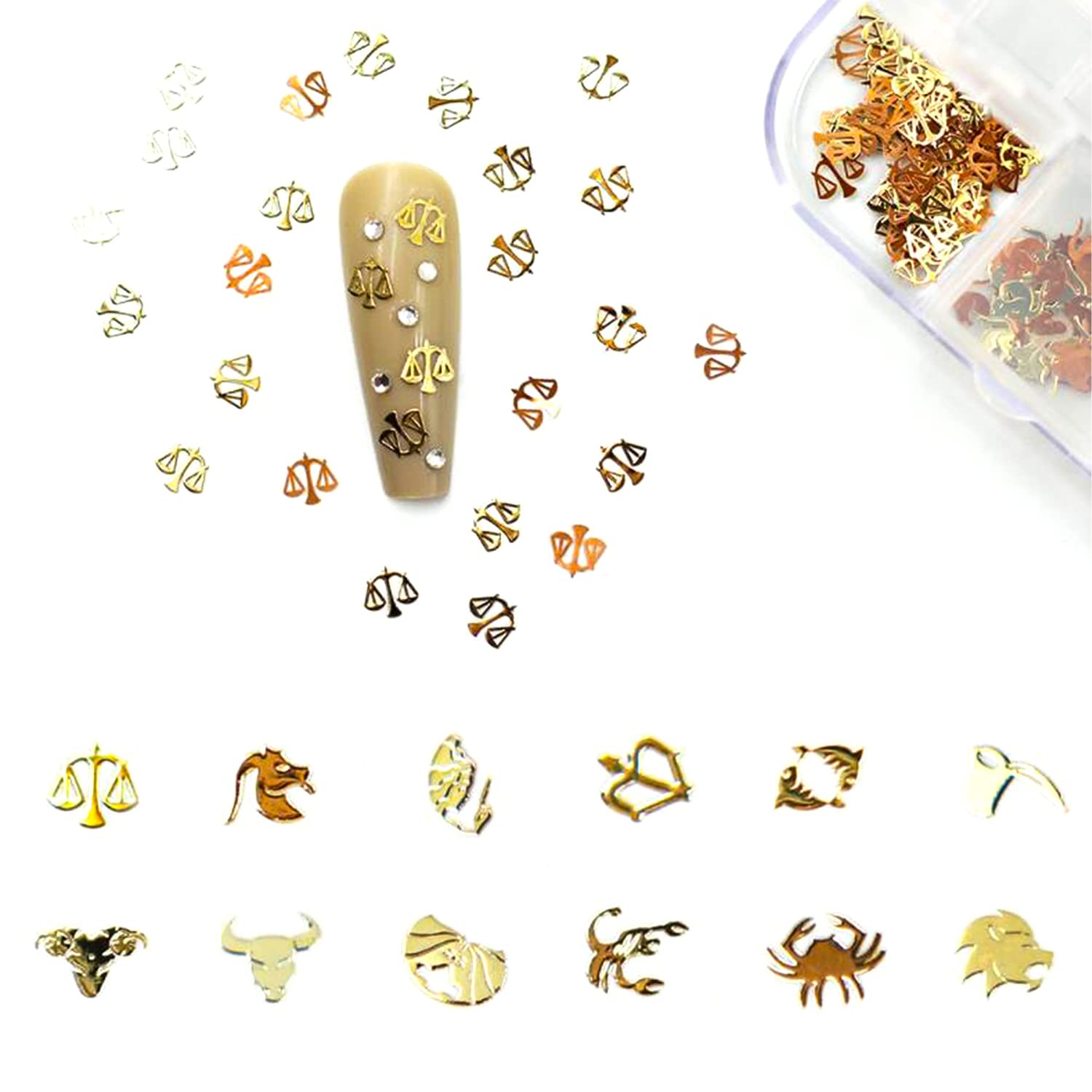 2 Boxes 1200pcs Zodiac Nail Art Charms - Twelve Constellation Gold Nail Stickers & Sequins for Nail Art Decoration | Perfect for DIY Manicures, Salon Nail Designs, and Zodiac-Themed Nail Art