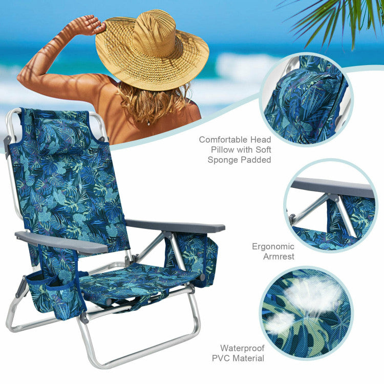 Costway 4-Pack Beach Chairs - Adjustable 5-Position Reclining Folding Chairs with Pillow for Outdoor, Poolside, Camping & Backyard Relaxation