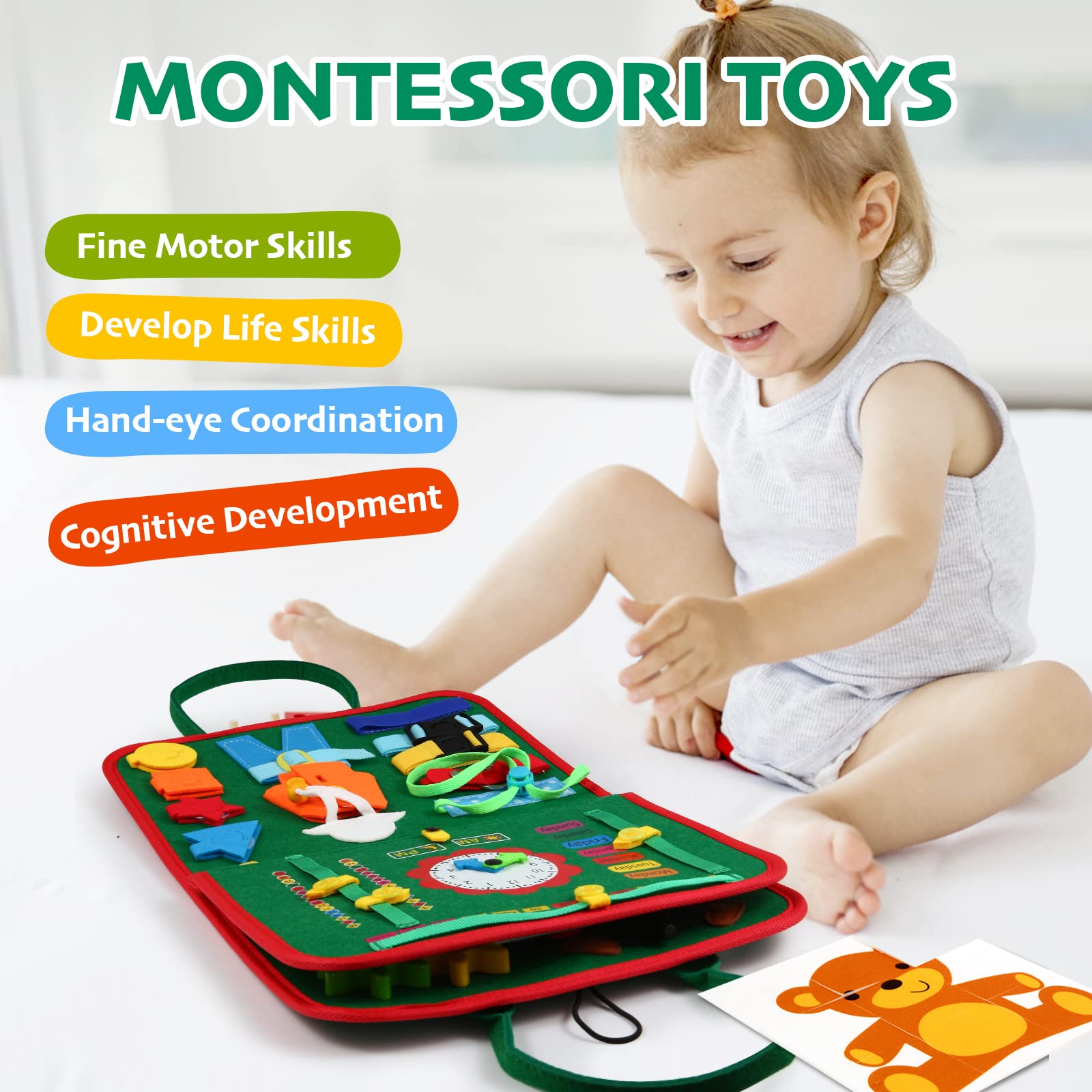 Montessori Busy Board for Toddlers 1-3 - Sensory Travel Toy & Learning Activity Gift for Boys/Girls - Perfect for Airplane & Car Rides
