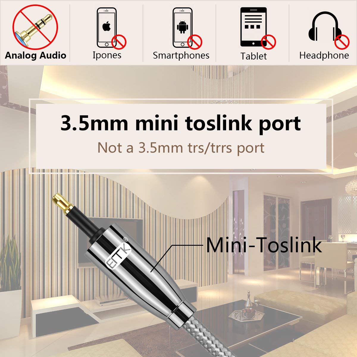 Premium EMK Toslink to Mini Toslink Optical Audio Cable 16.5ft (5m) - Braided Nylon Jacket for Crystal Clear Digital Sound - Compatible with Home Theater, Sound Bar, TV, PS4, PS5, Xbox Series X - Perfect for Gaming & Movie Nights