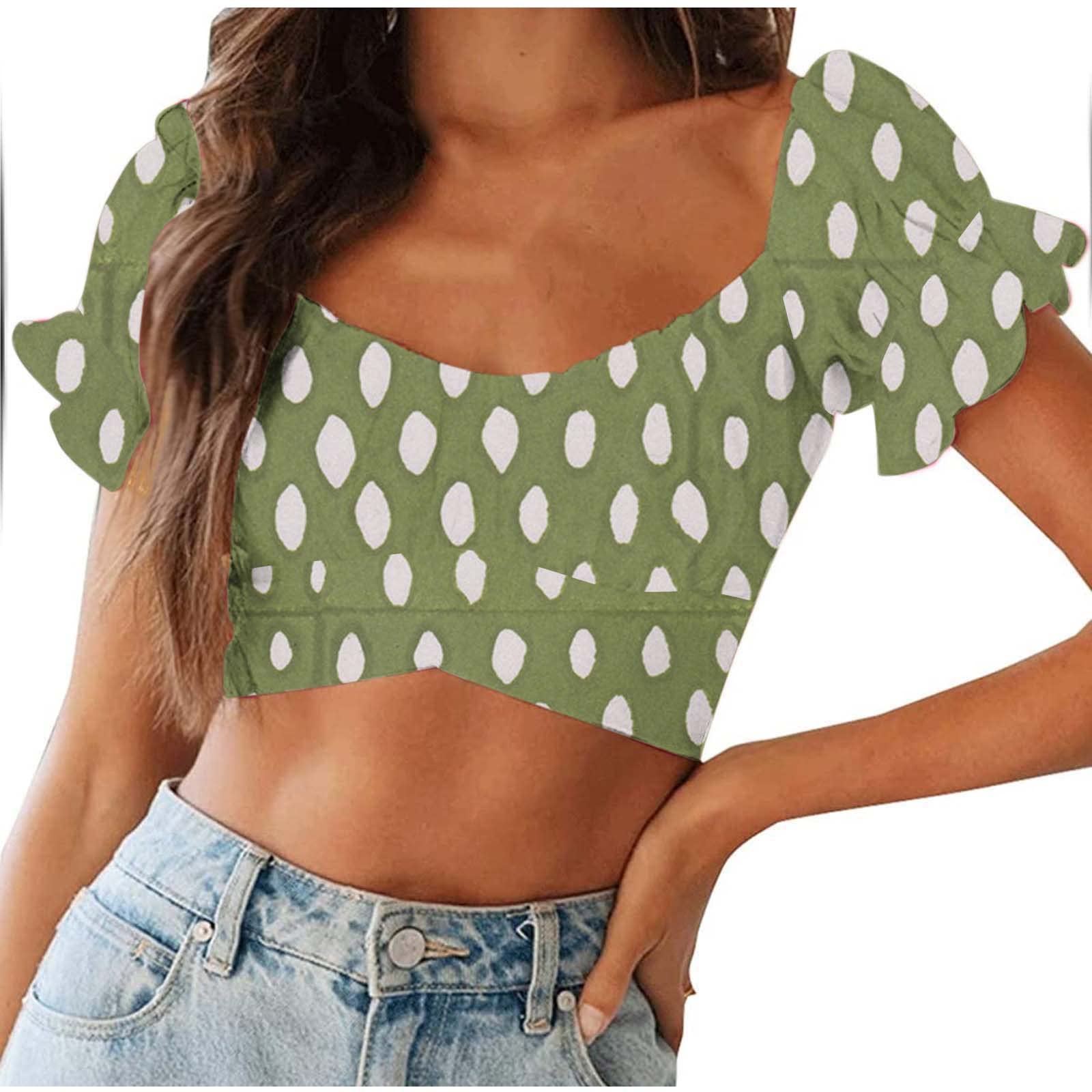 Funny Flared Sleeve Tie-Off Shoulder Crop Top for Women - Trendy Printed Short Sleeve Blouse & Casual Activewear T-Shirt #751 | Perfect for Summer Outfits, Beach Wear, and Gym Fashion