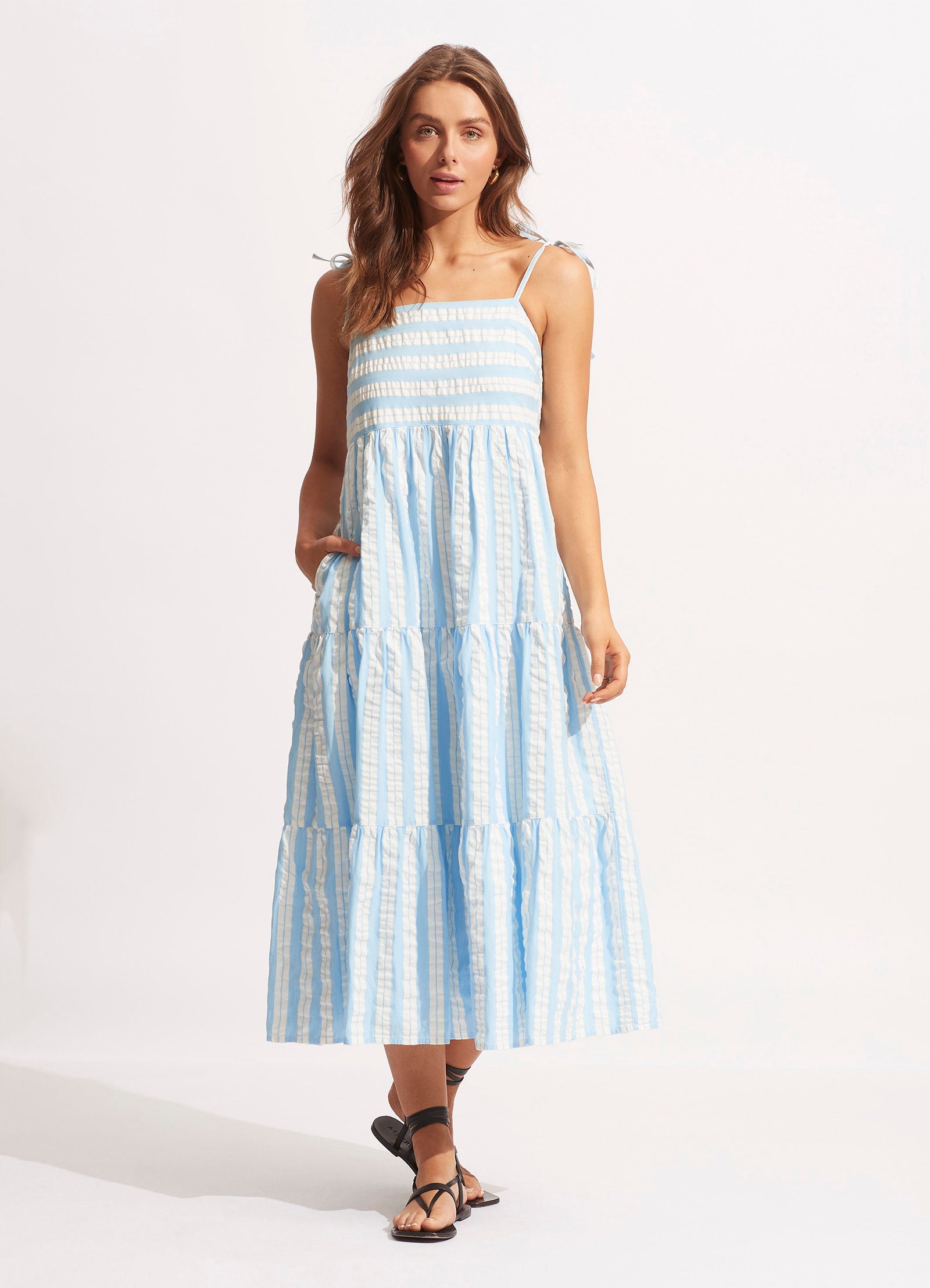 Cabana Tier Maxi Dress in Powder Blue - Flowy Beach Cover Up, Summer Boho Maxi Dress for Women - Perfect for Vacations, Pool Parties, and Beach Getaways
