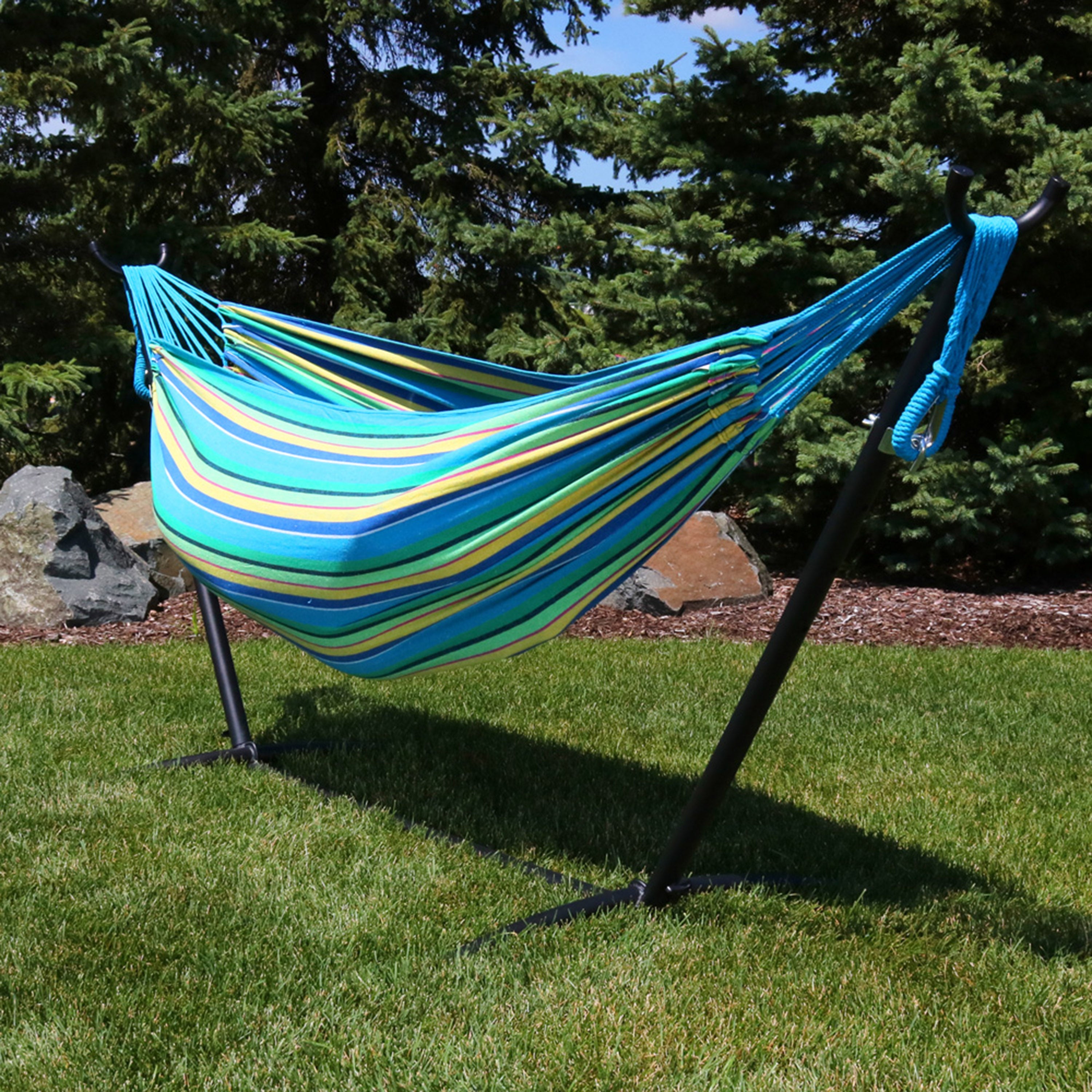 Premium Brazilian Double Hammock with Stand & Carry Bag - Heavy Duty Cotton Rope Hammock for Outdoor, Backyard, Patio & Beach Relaxation