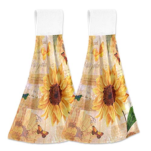 2 Pack Vintage Sunflower Kitchen Towels - Super Soft Absorbent Microfiber Hand Towels with Hanging Loop, Retro Bathroom & Kitchen Decor, Perfect Housewarming Gift for Home, Hostess, Mother's Day