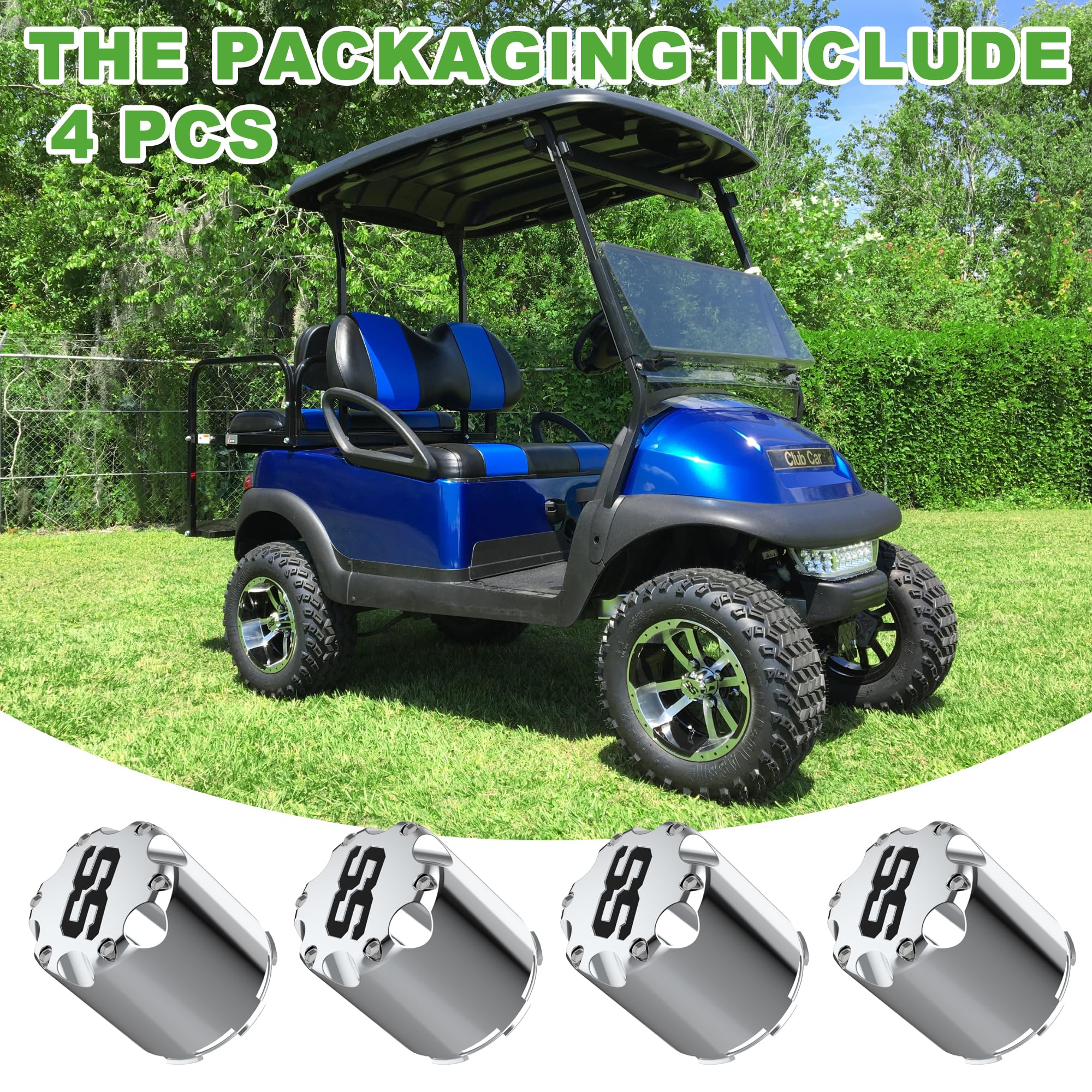 10L0L Golf Cart Wheel Center Caps - SS Chrome Push-In Style Hubcaps, Universal Fit for Yamaha, EZGO, Club Car & More - 4 Pack - Dust Cover for Enhanced Protection (Perfect for Golf Course, Resort & Neighborhood Use)