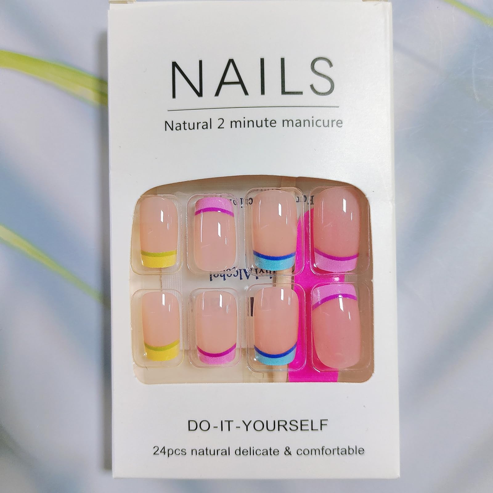 Vibrant Rainbow French Tip Press On Nails - Short Square Fake Nails with Neon Glossy Finish & Cute Designs for Women & Girls | Perfect for Parties, Festivals & Everyday Wear